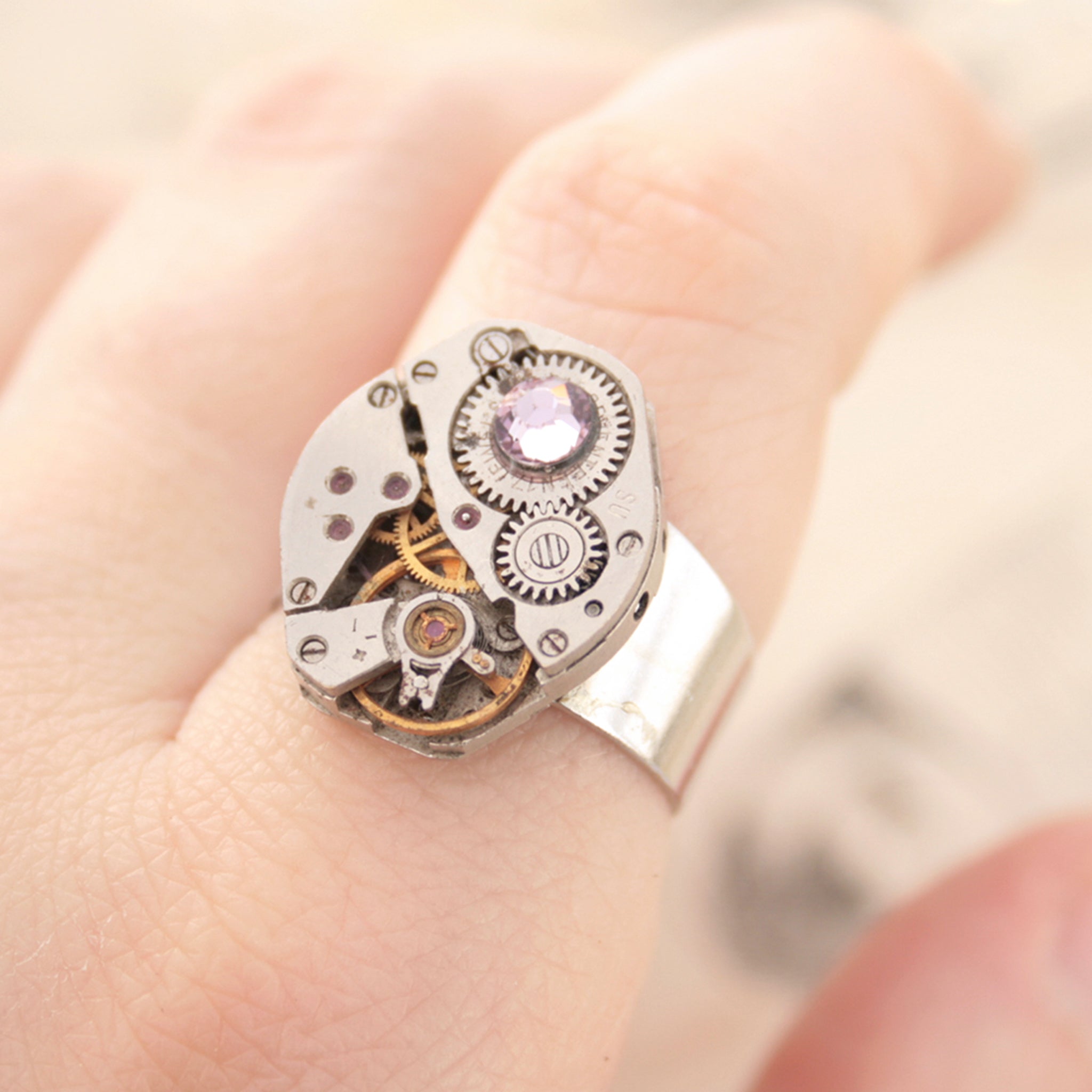 Steampunk Ring with Light Amethyst Birthstone