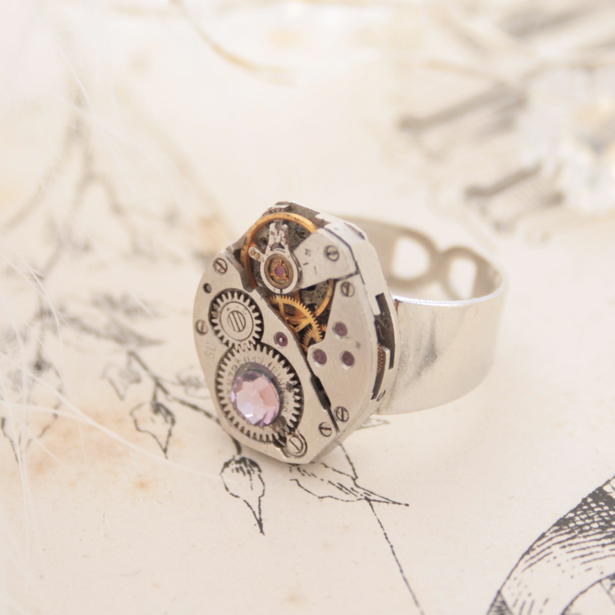 Steampunk Ring with Light Amethyst Birthstone