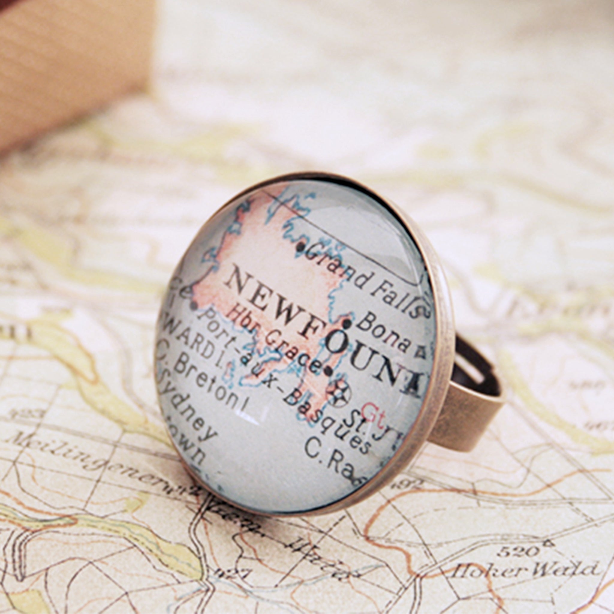 Round bronze ring personalised with custom map of Newfoundland