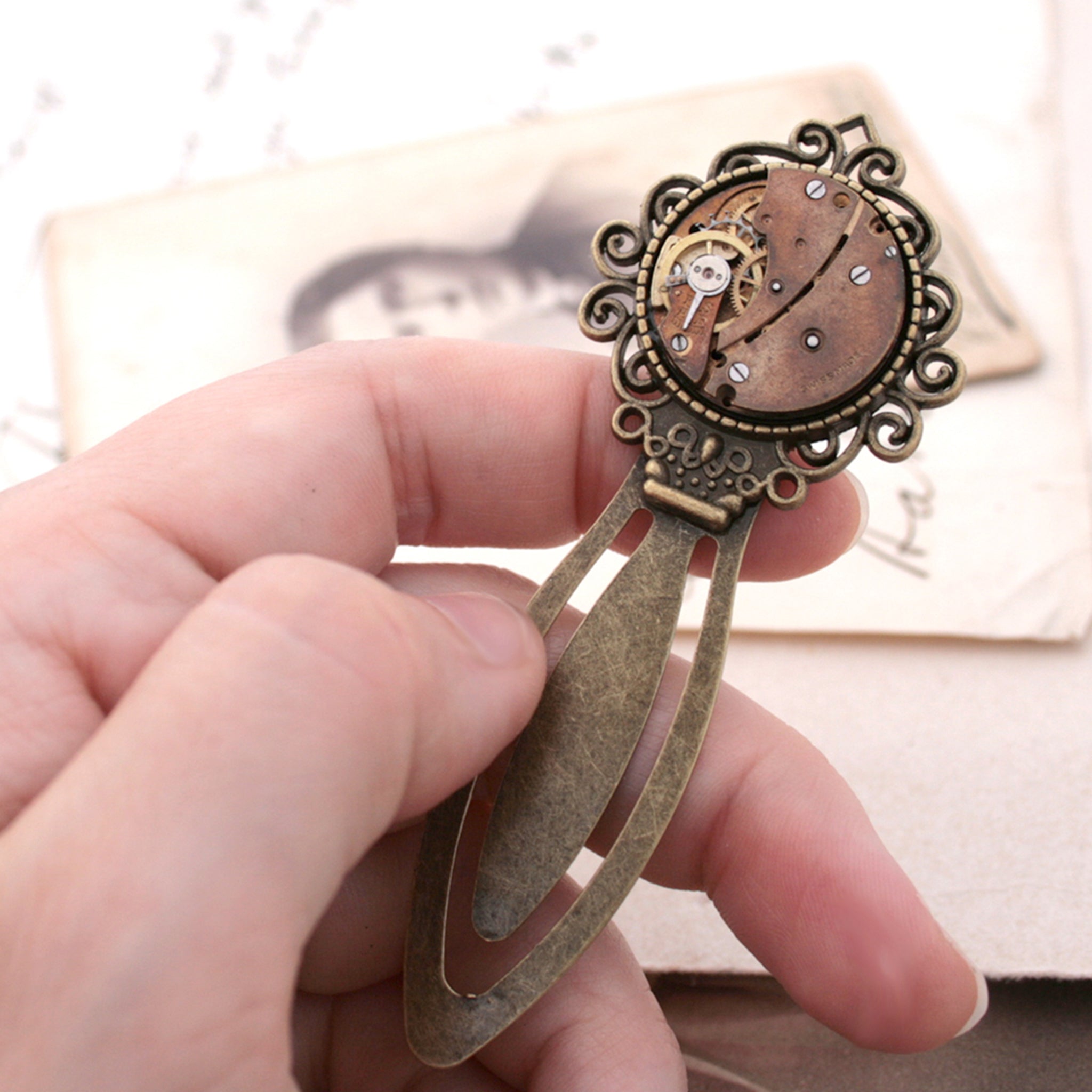 Bronze Bookmark with Watch Movement