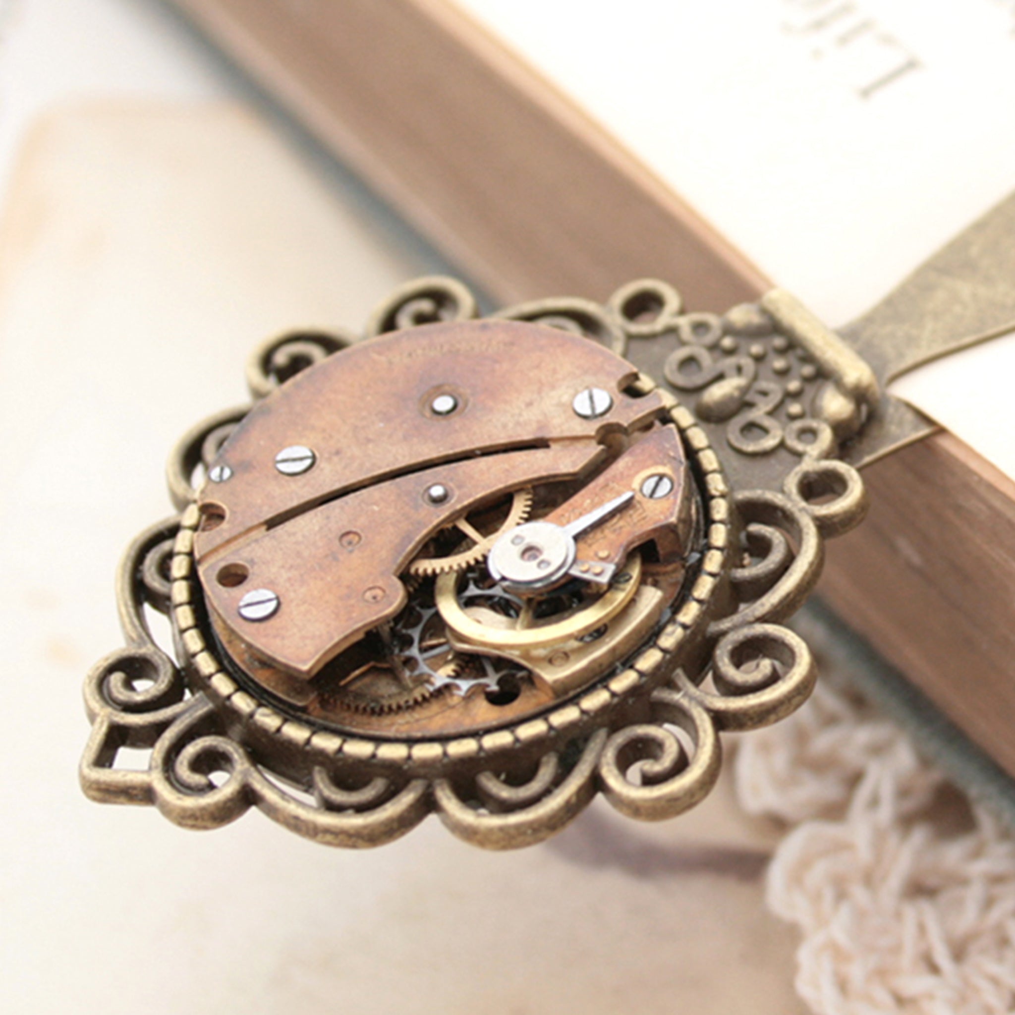 Bronze Bookmark with Watch Movement