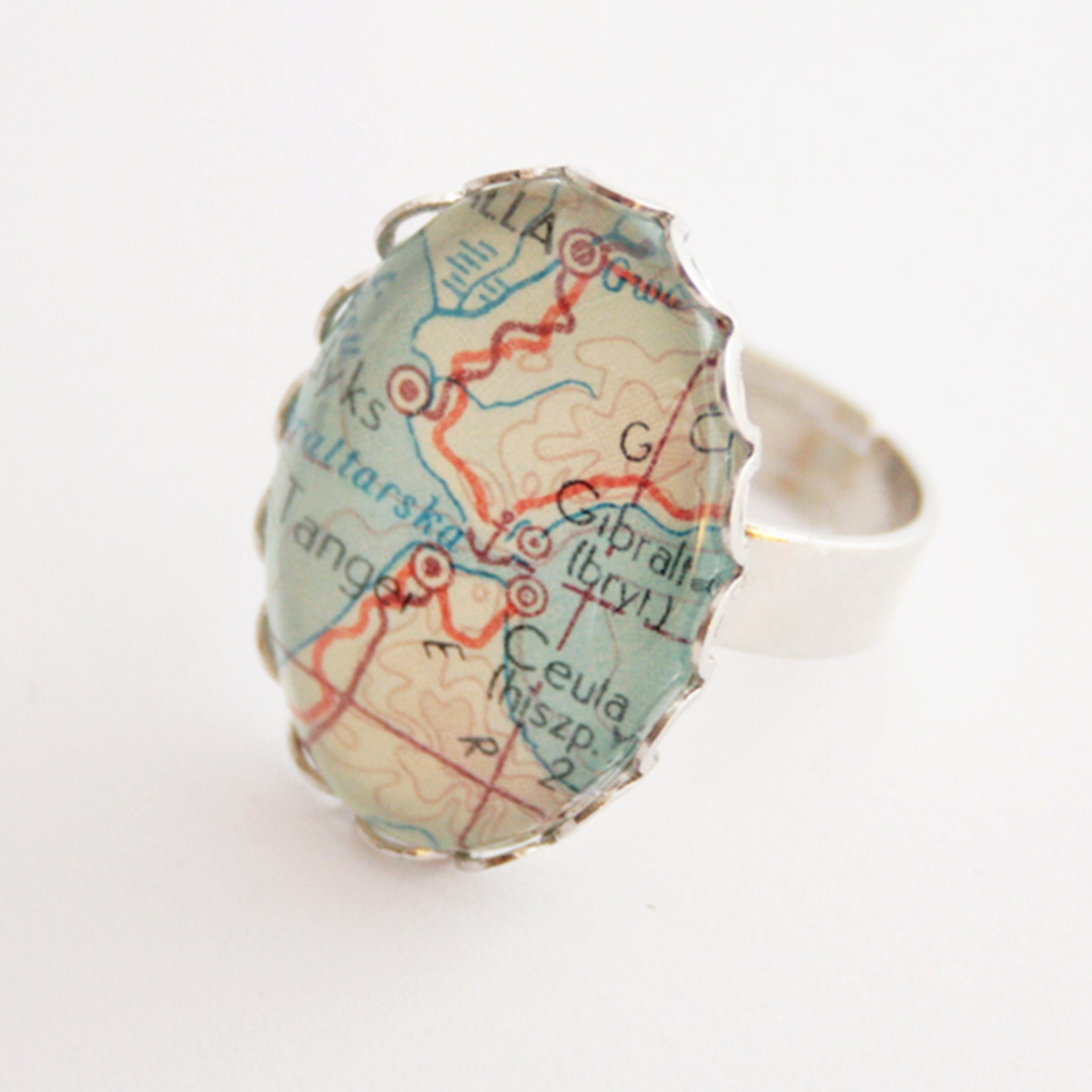 Oval silver ring personalised featuring map of Gibraltar