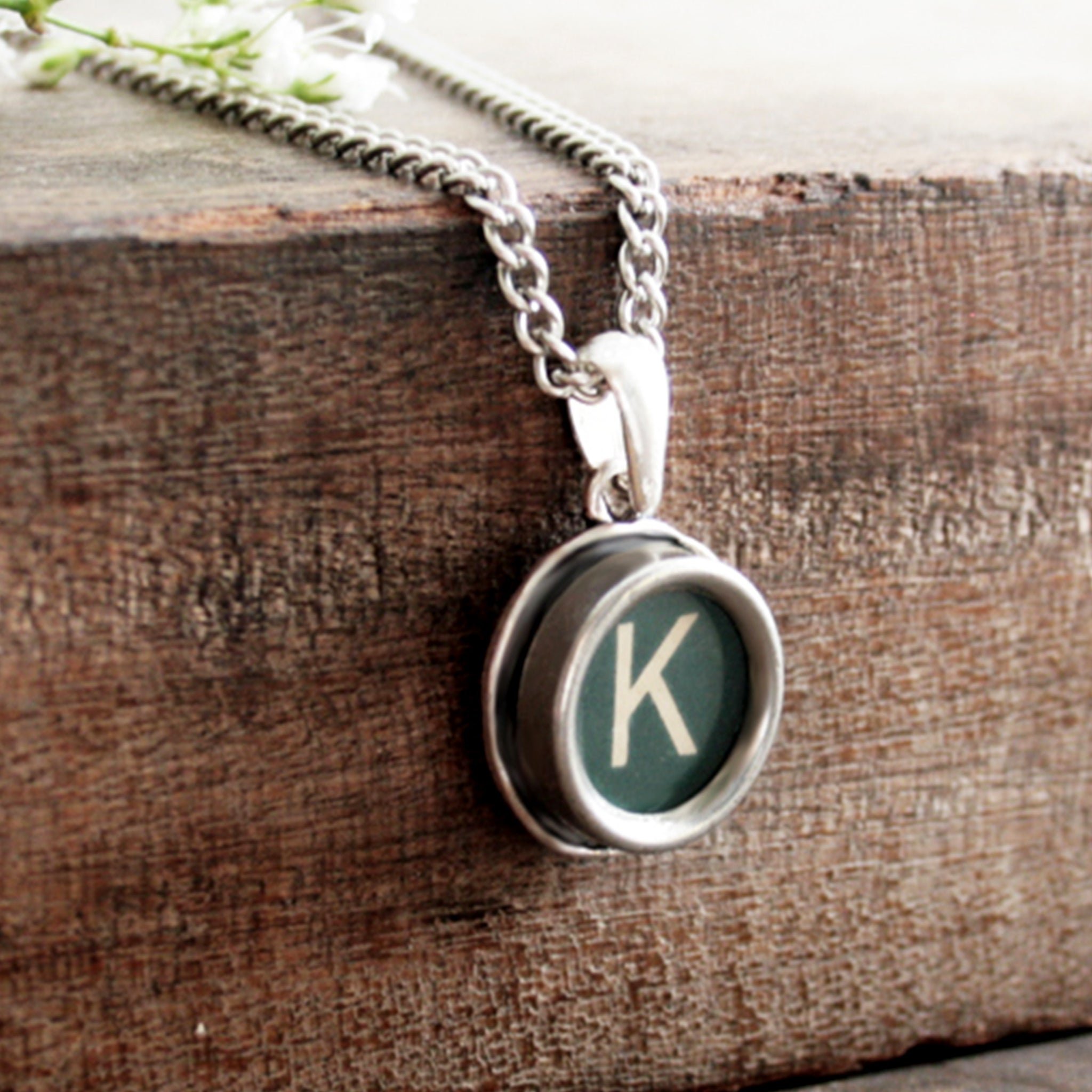 Green K letter necklace made of real typewriter key
