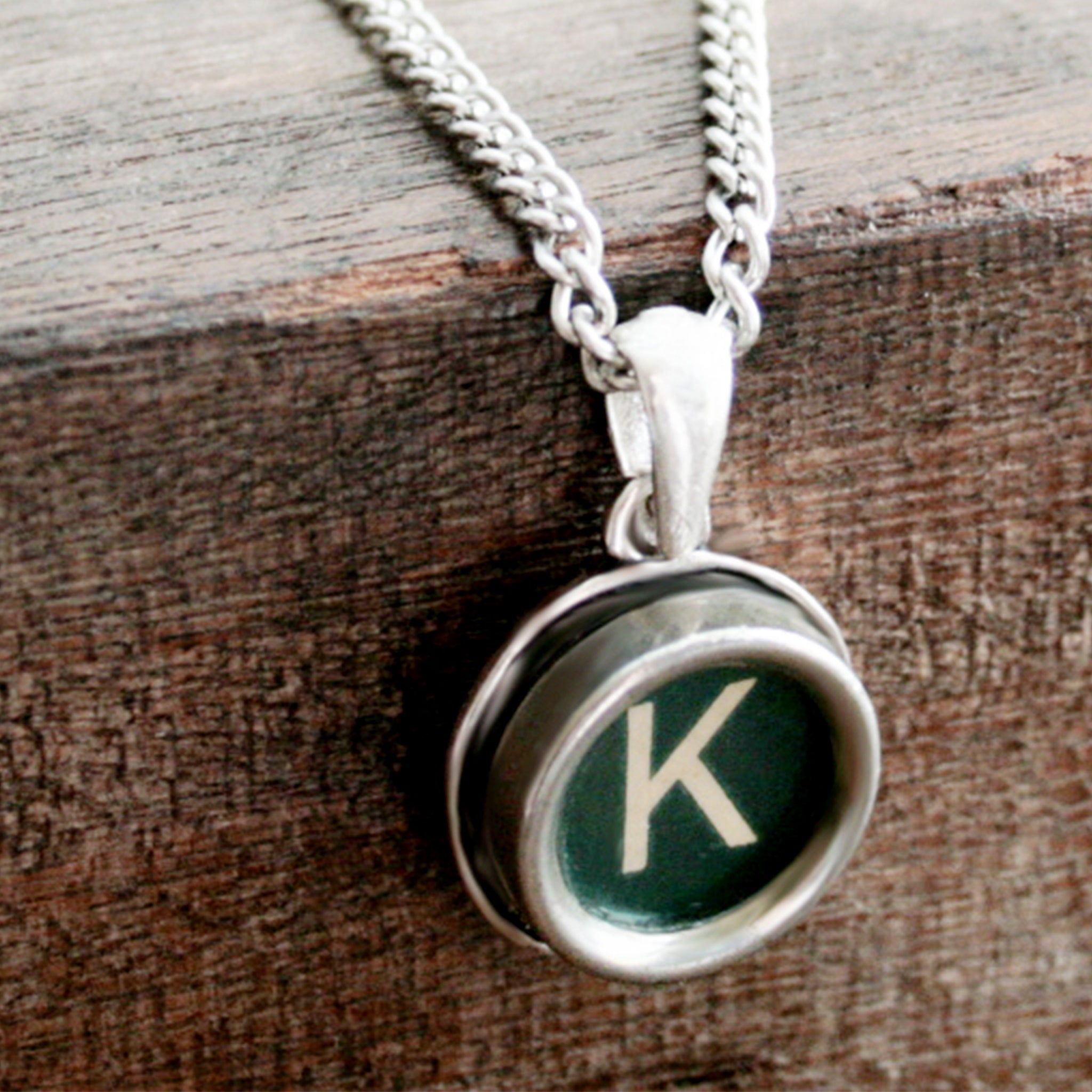 Green K letter necklace made of real typewriter key