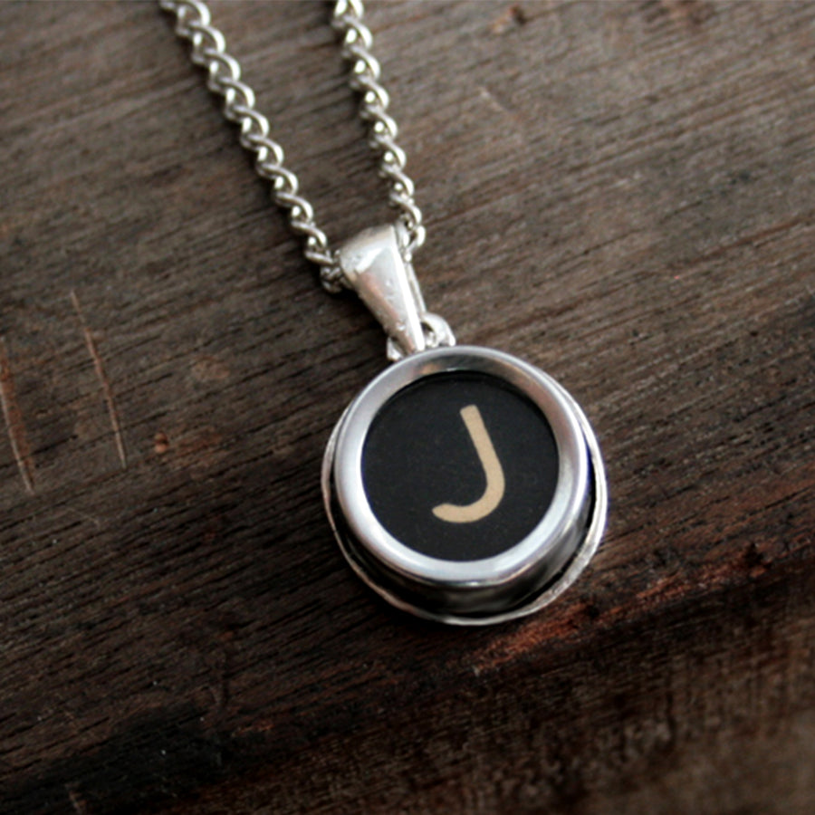 J initial necklace made of authentic vintage black typewriter key