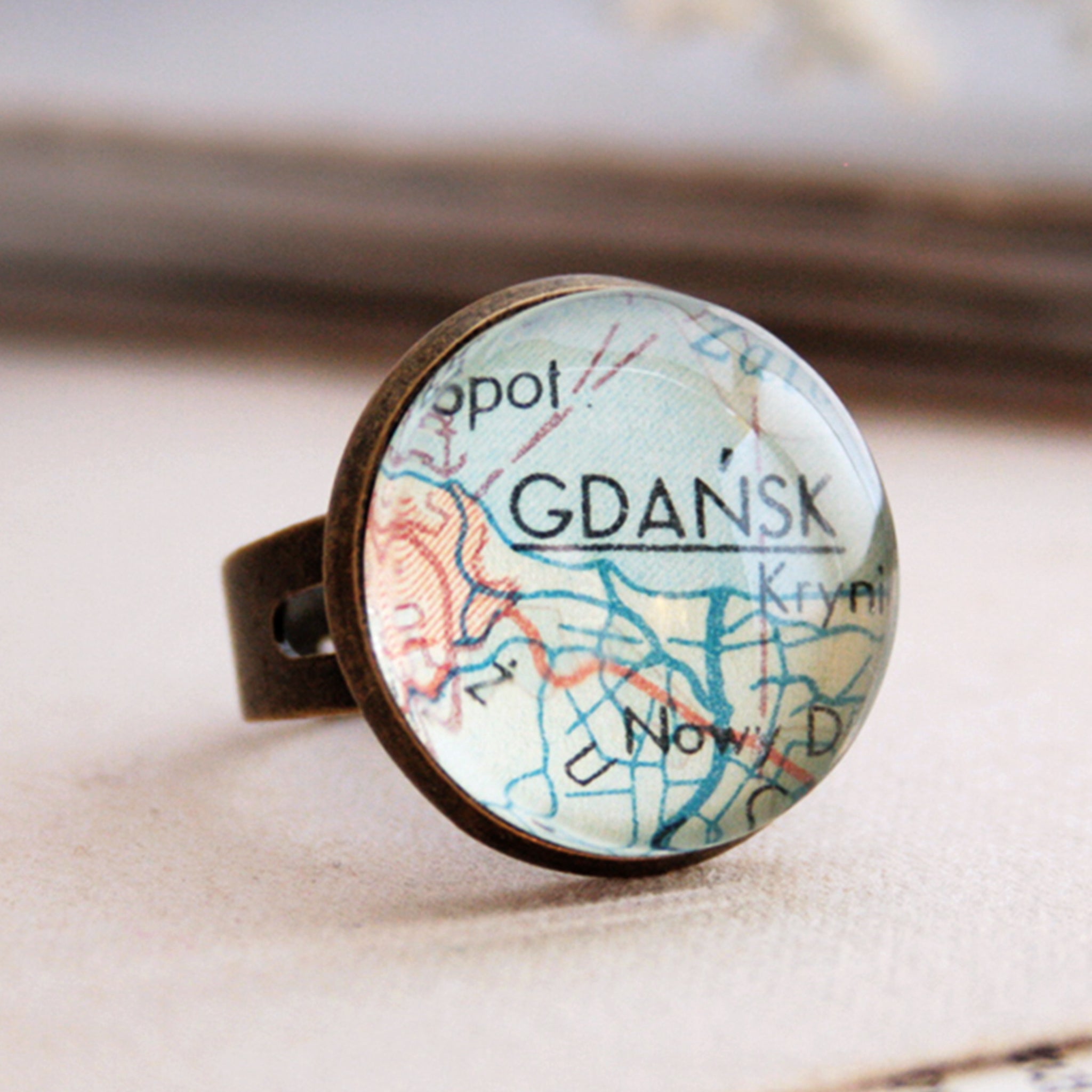 Bronze ring featuring map of Gdansk