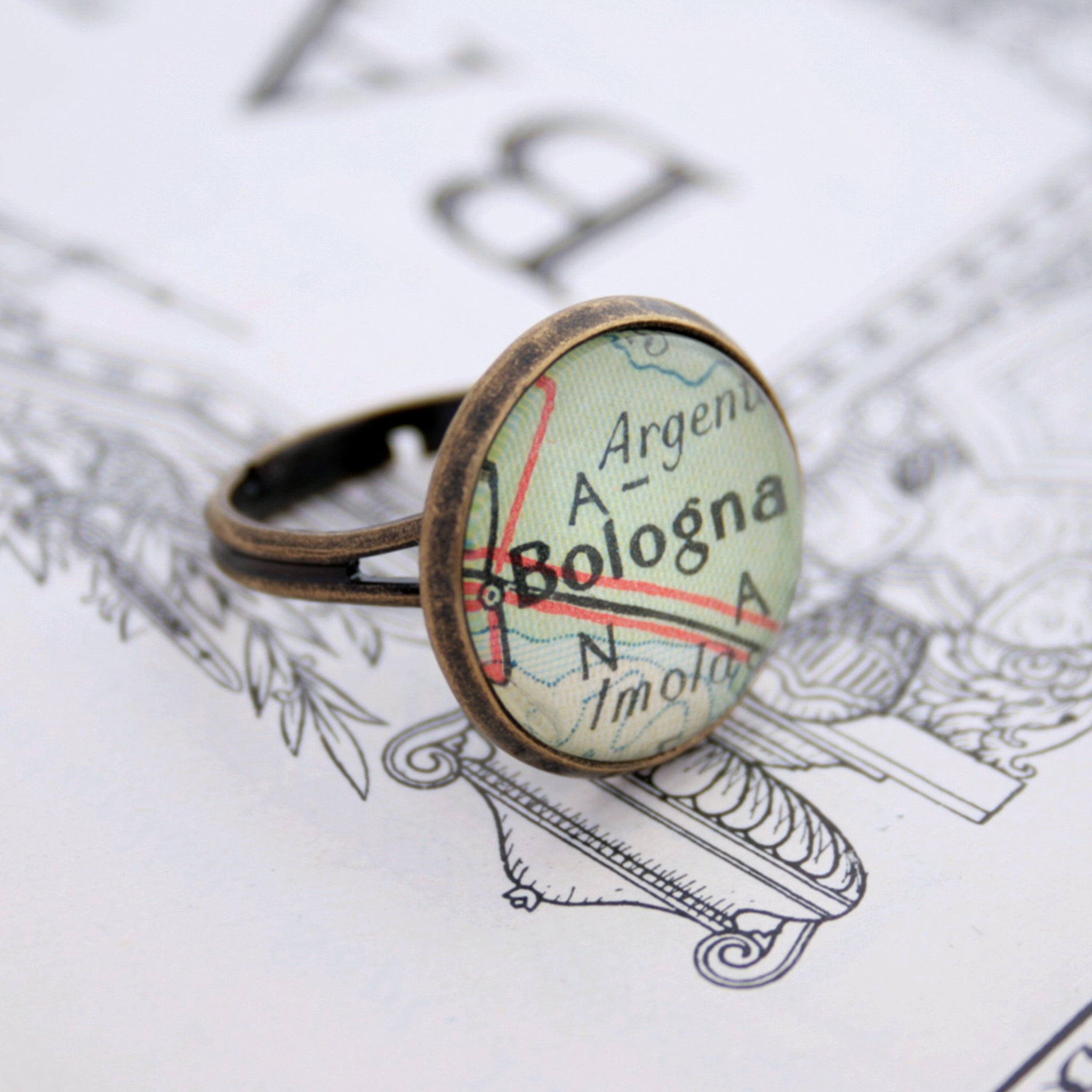 Bronze ring featuring map of Bologna