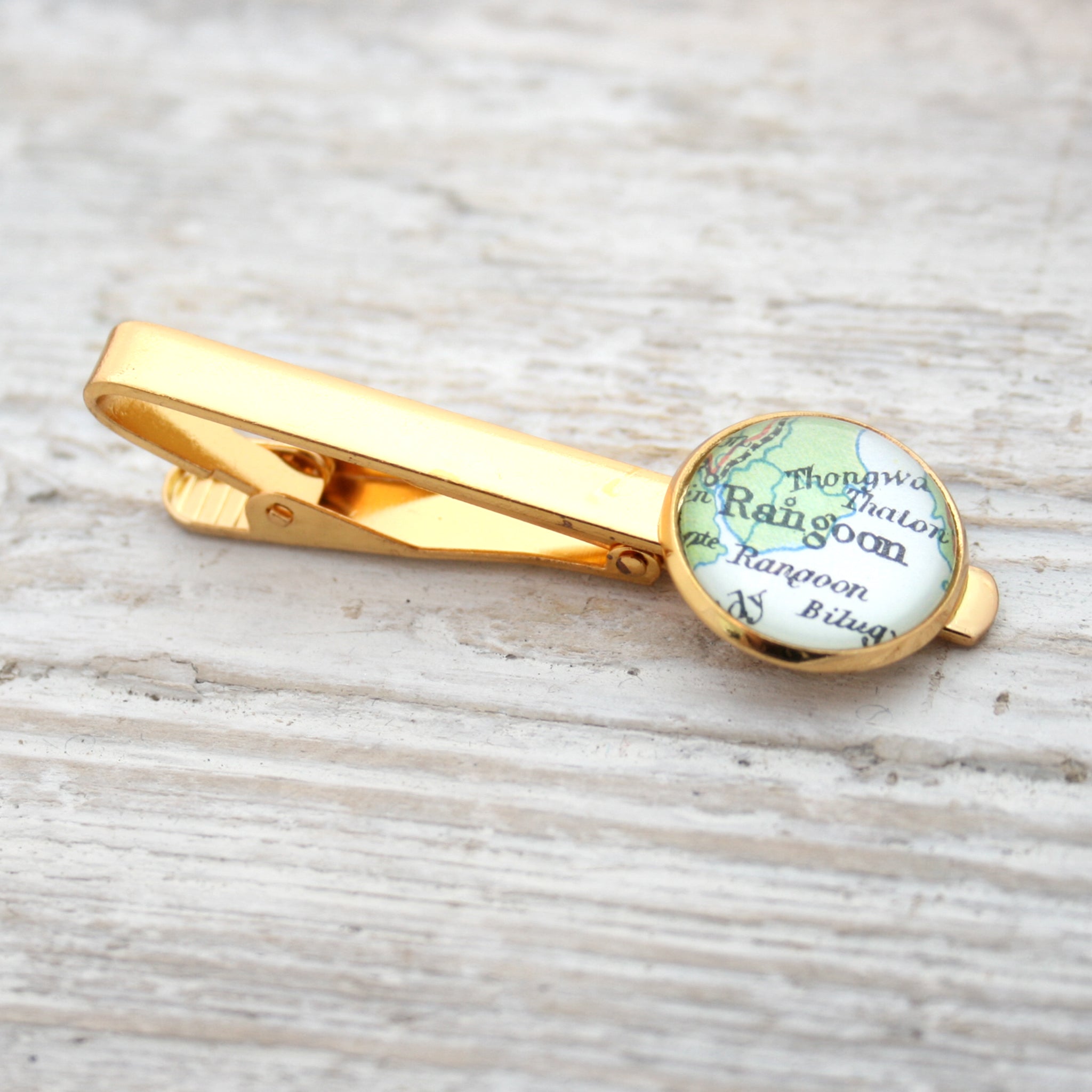 Personalised Tie Clip in gold color featuring map of Rangoon