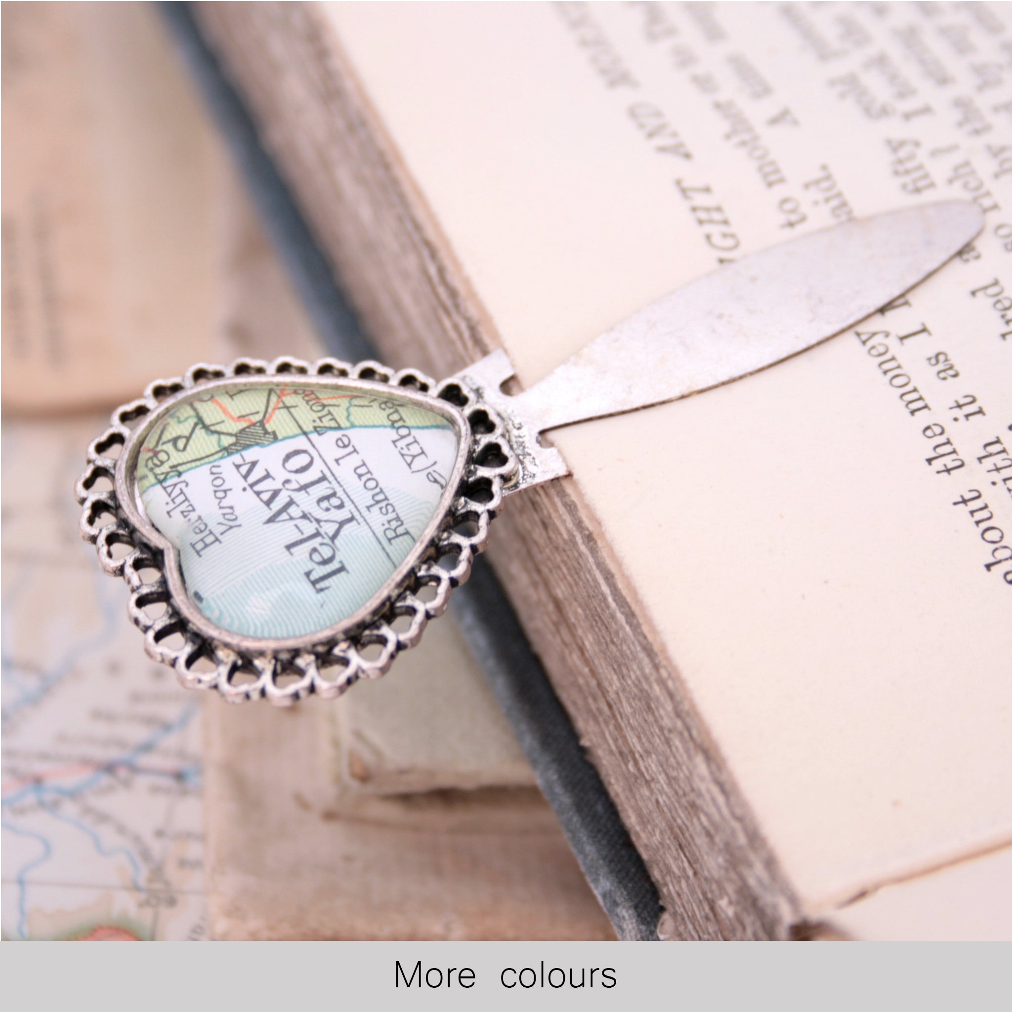 metal bookmark in heart shape personalised with map of Tel Aviv