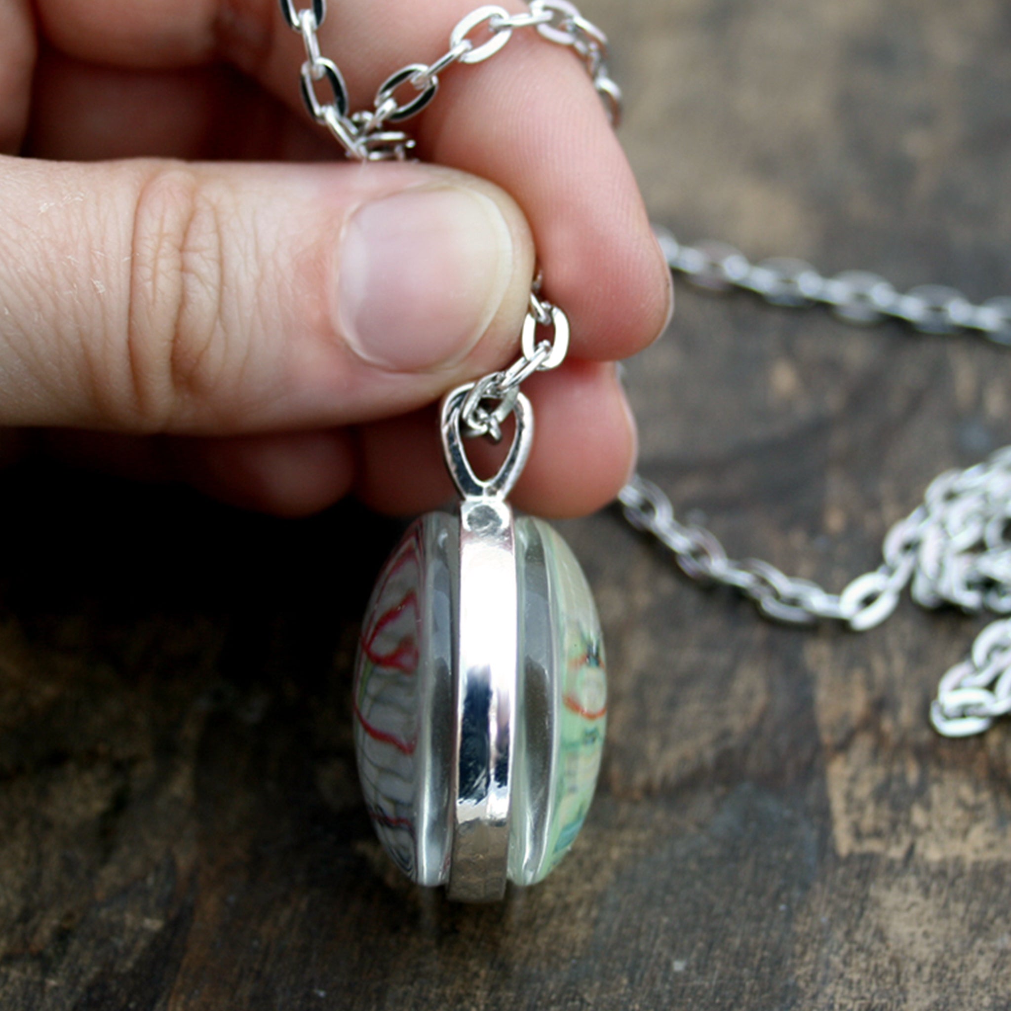 Hold in hand Silver tone double sided pendant necklace featuring maps of customers choice