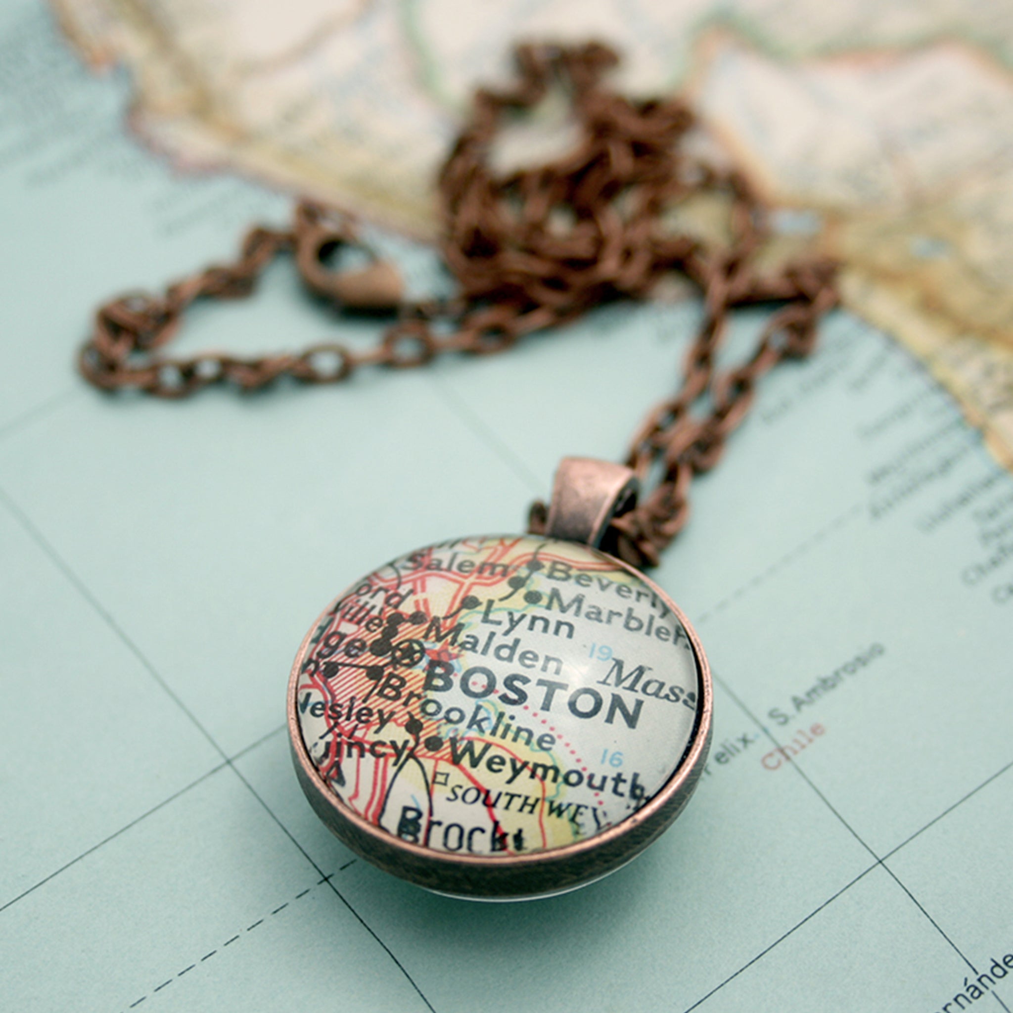 Copper double sided pendant necklace featuring map of Boston