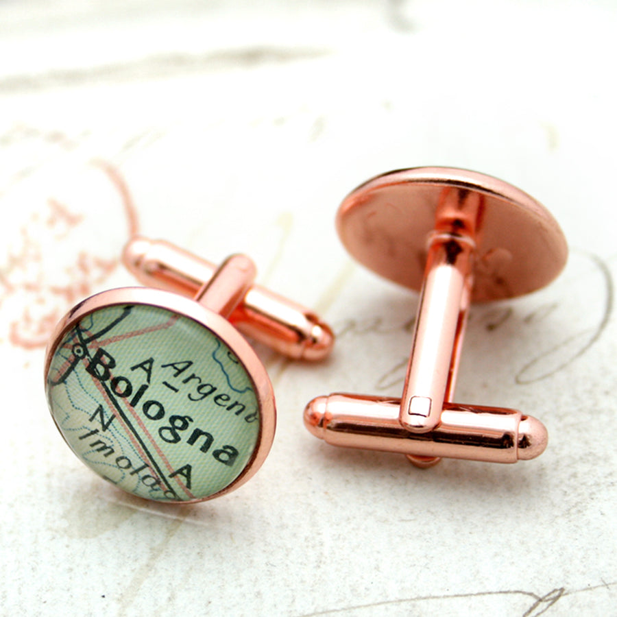 Personalised map cufflinks in rose gold color featuring Bologna and Portland