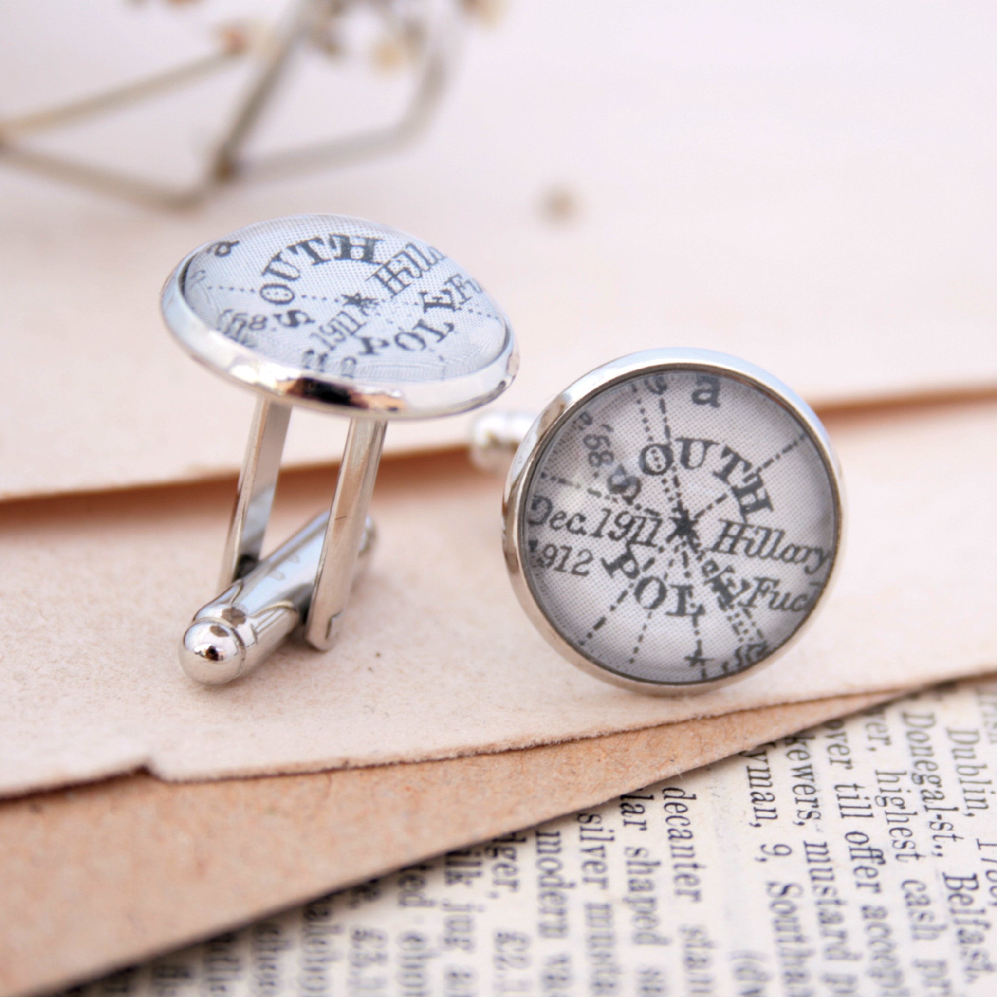 Personalised map cufflinks in silver tone featuring maps of South Pole