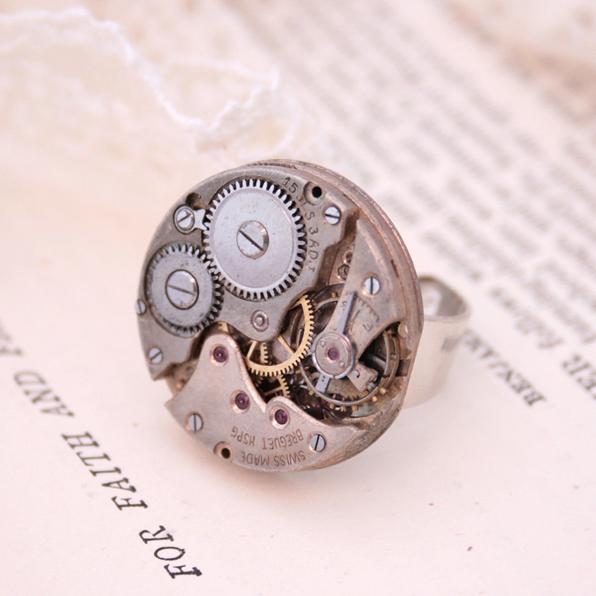stunning steampunk ring has been made using authentic large wristwatch inside in old silver color.