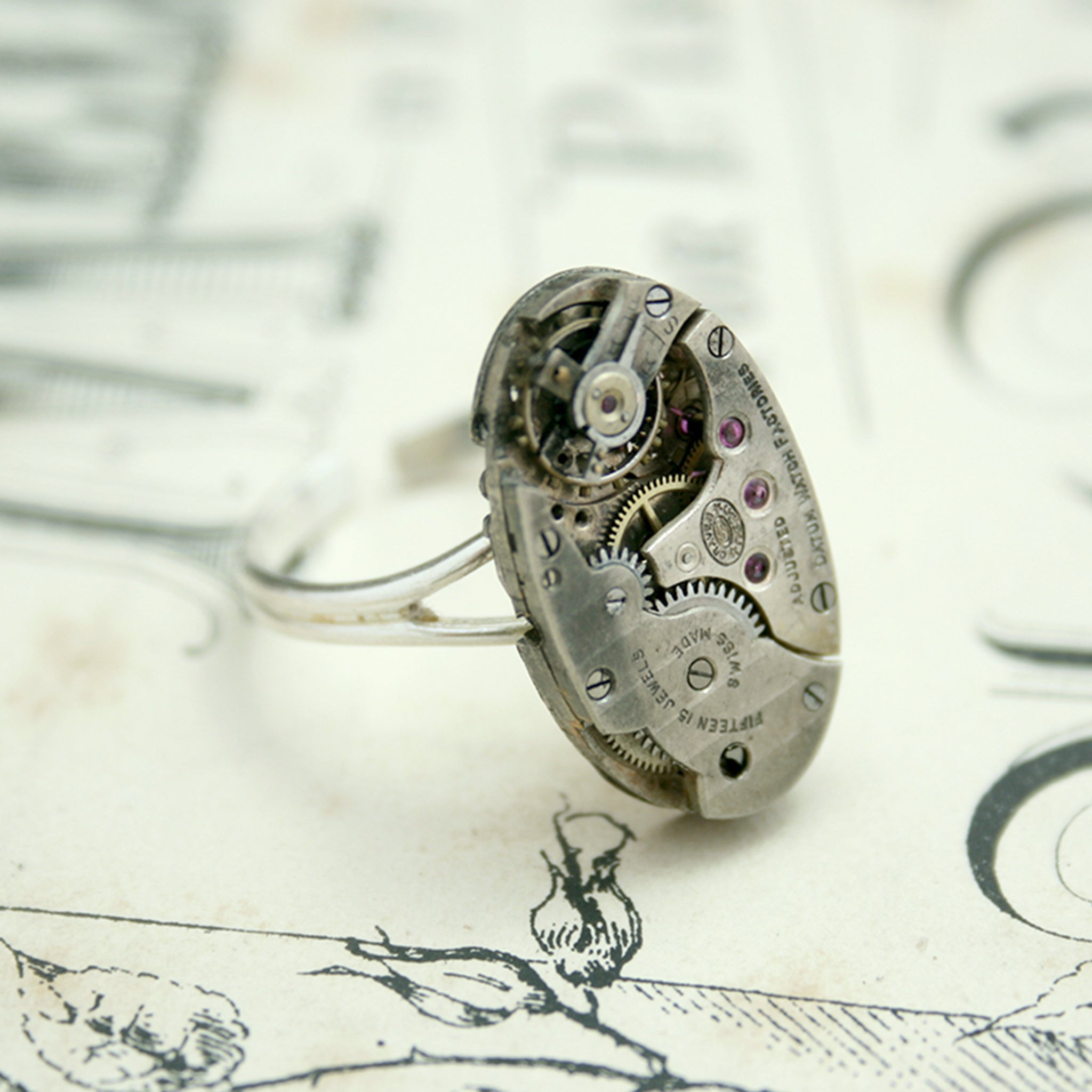 Cocktail Ring with Oval Steampunk Watch on Sterling Silver adjustable band