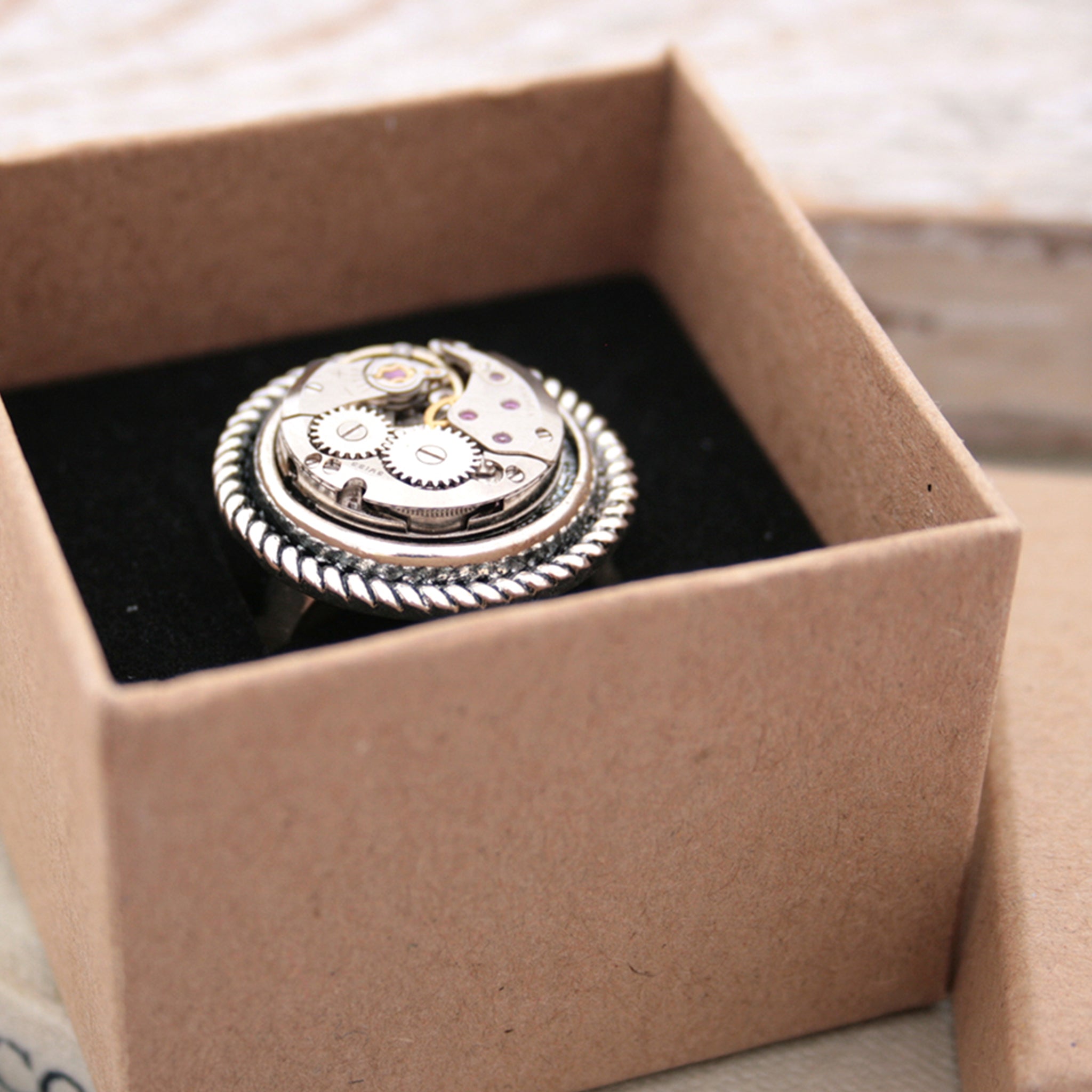 Steampunk Ring for Her made of watch work in a box