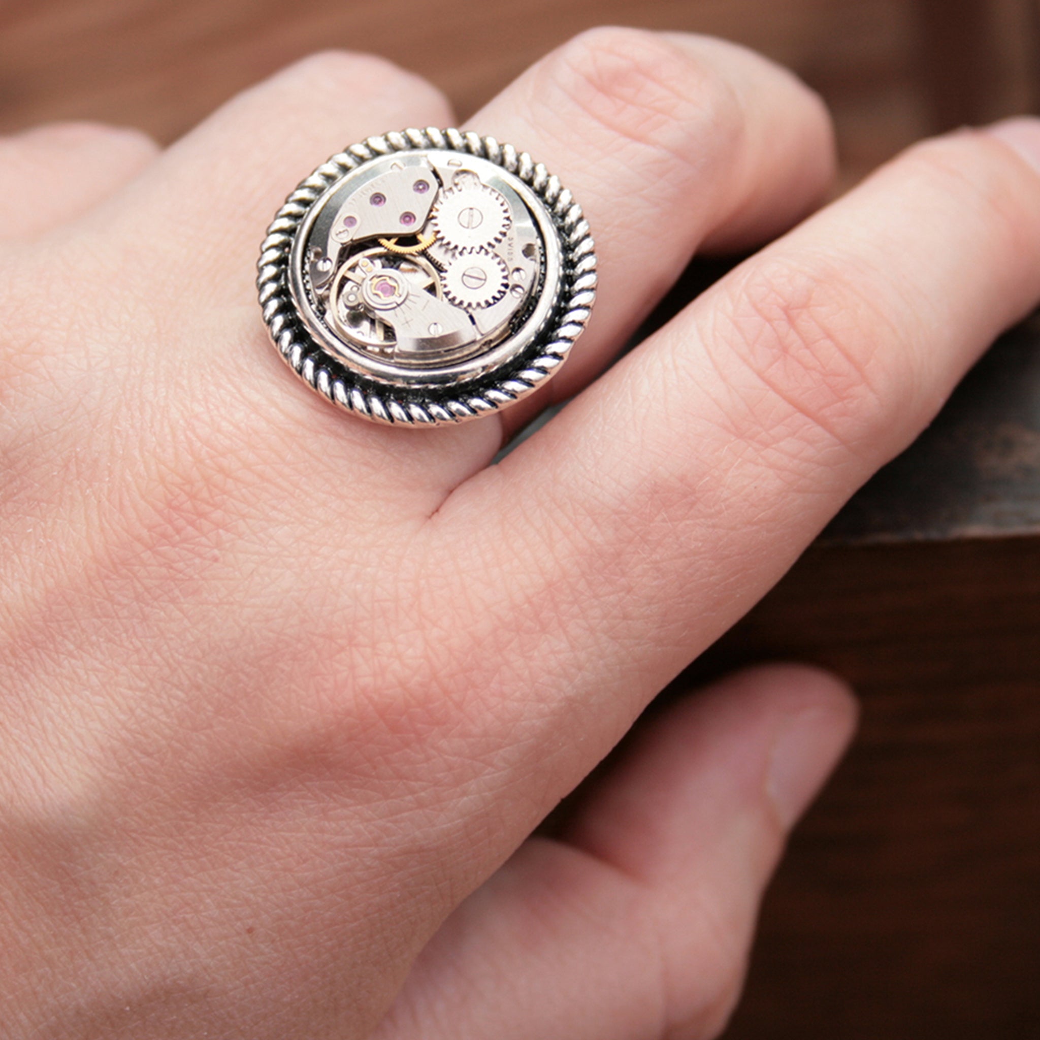 Steampunk Ring for Her made of watch work on hand