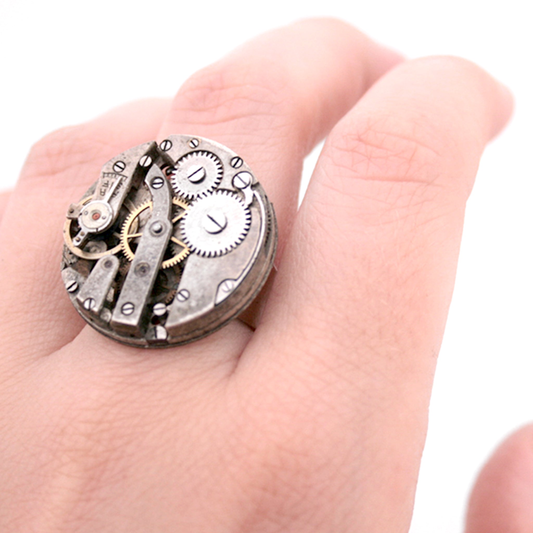 Gothic Ring in Old Silver made of watch mechanism