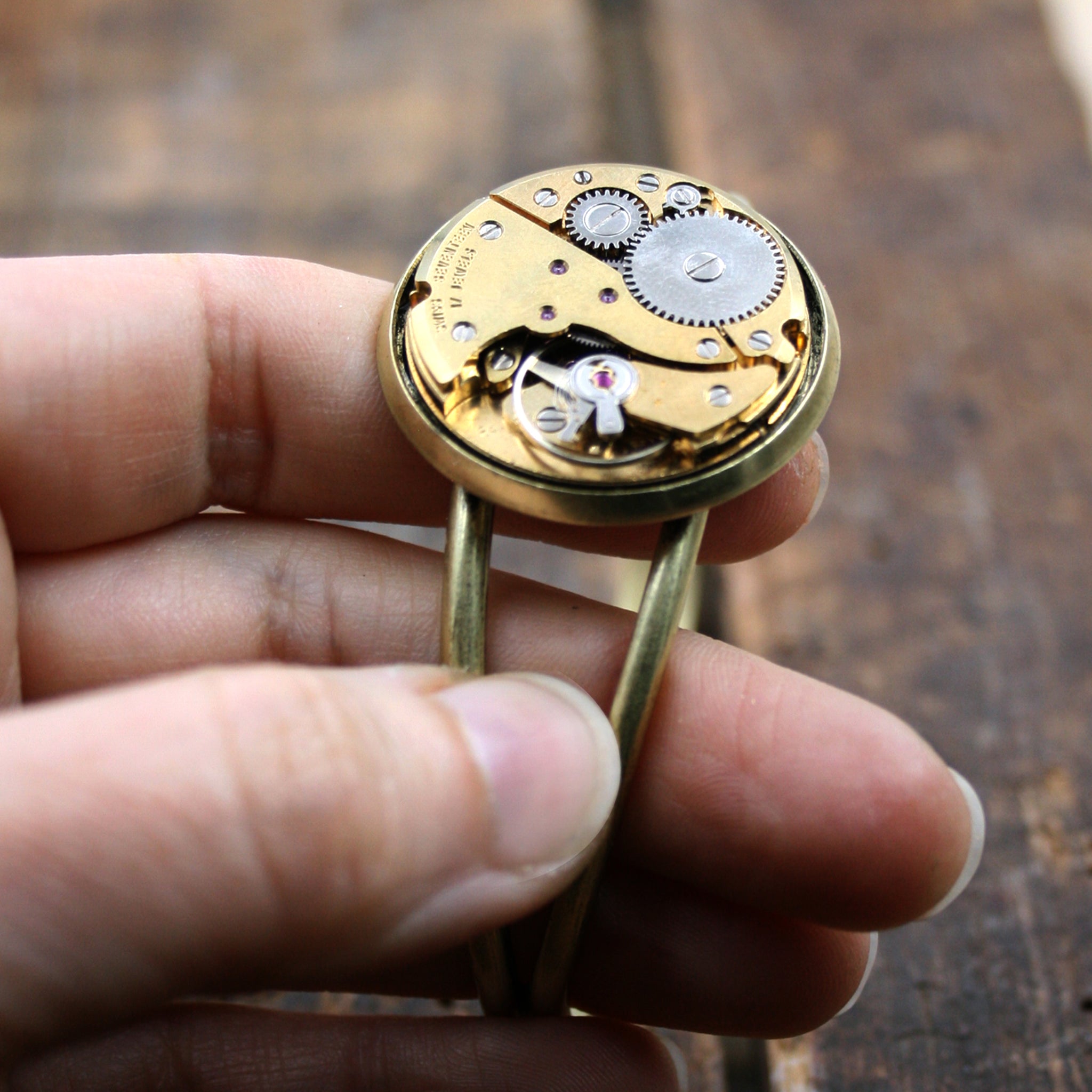 Gold Bangle Bracelet with steampunk watch movement