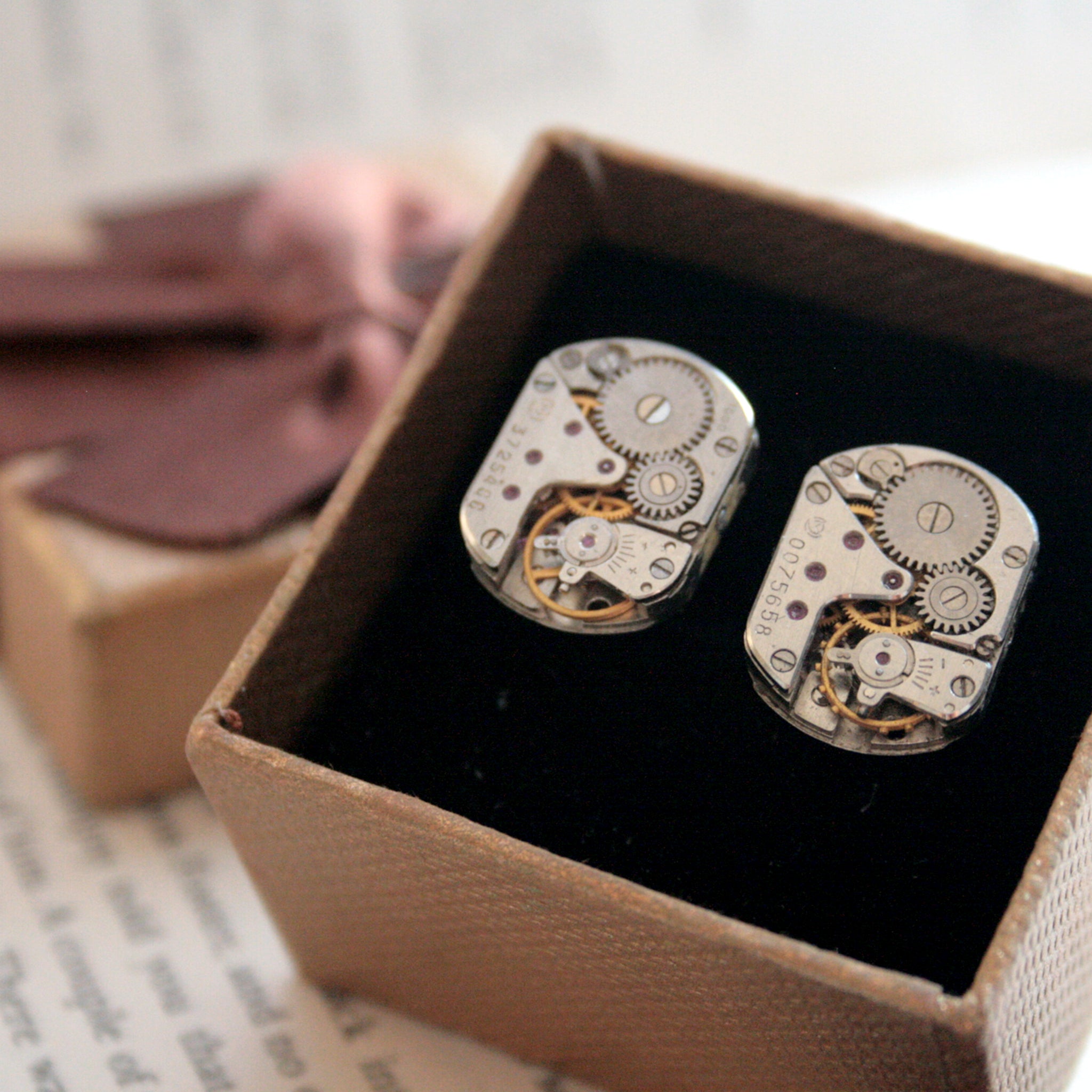 Steampunk Cufflinks featuring antique watch movements in a gift box