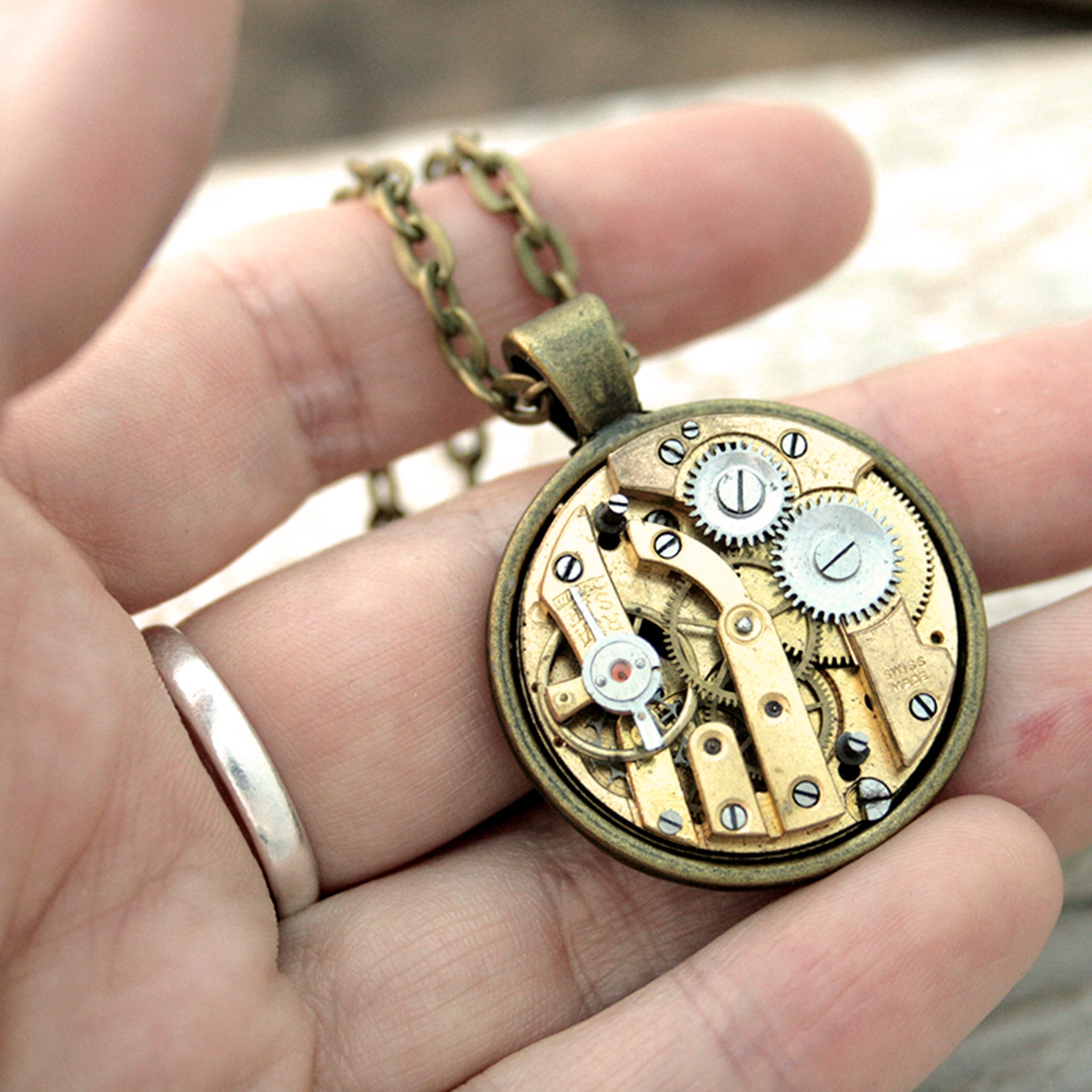 Steampunk Statement Necklace with Gold tone watch movement