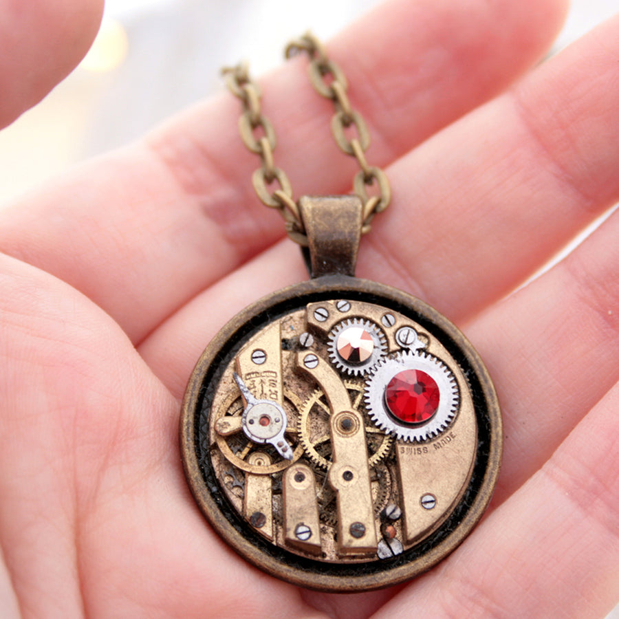 Steampunk Necklace with Scarlet Crystal