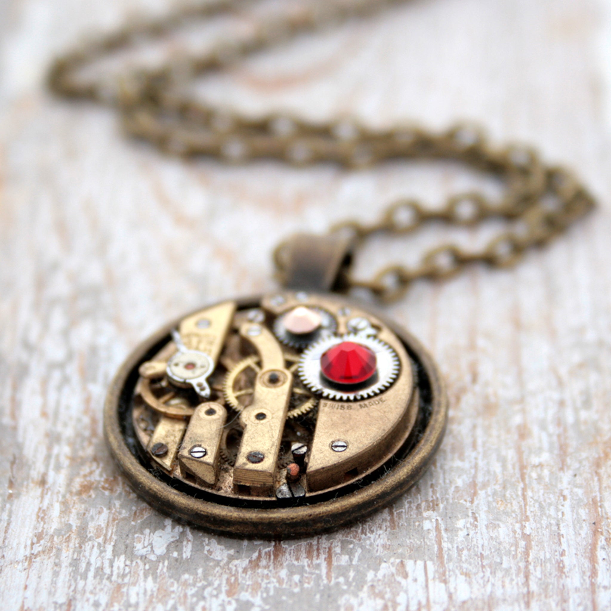Steampunk Necklace with Scarlet Crystal