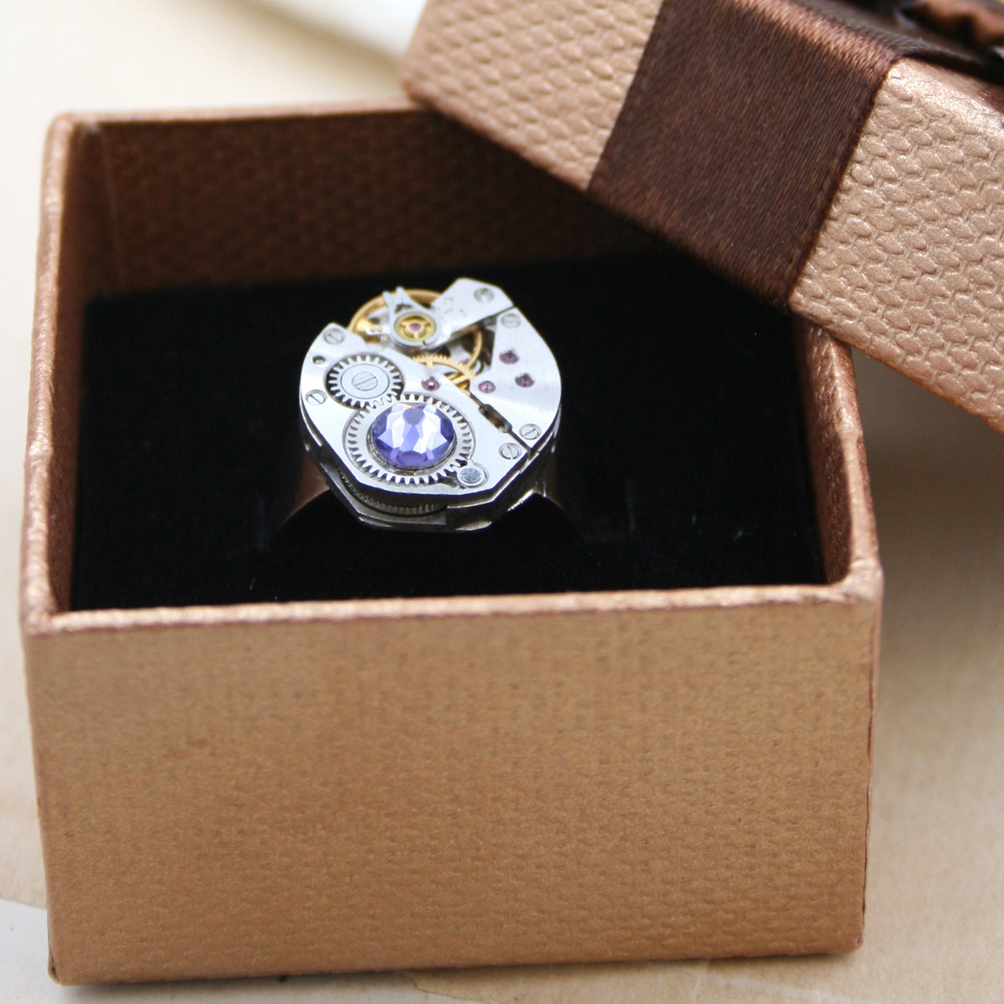Steampunk Ring with Amethyst Birthstone in a presentation box