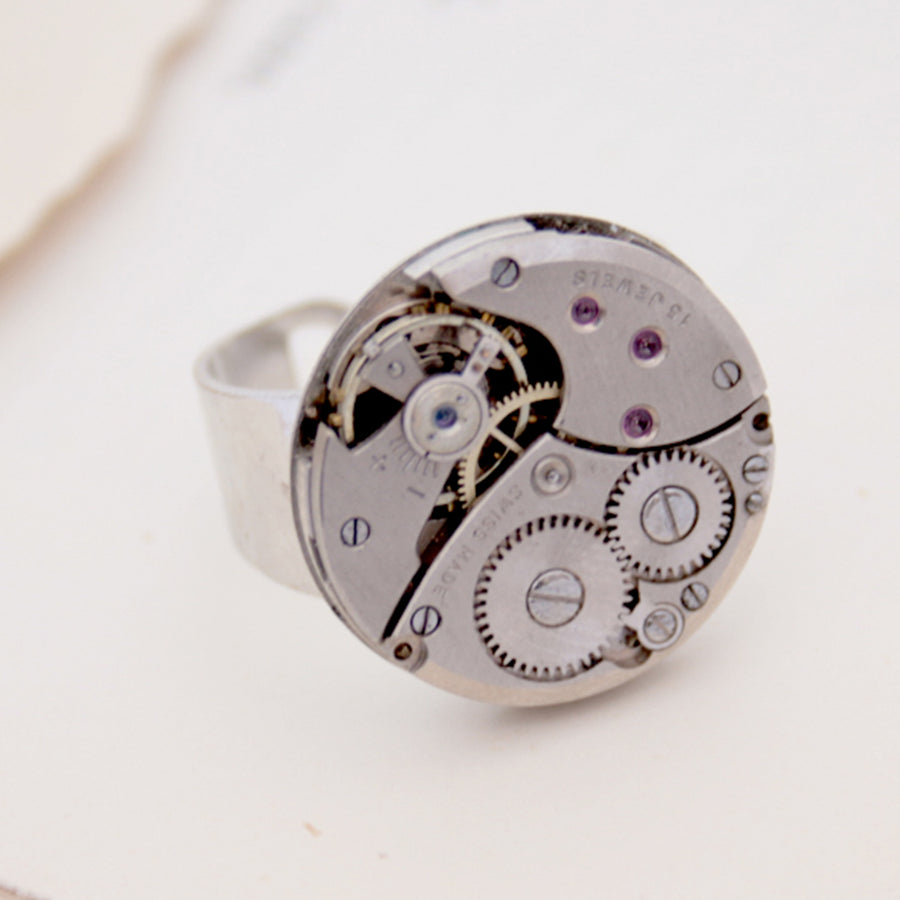 steampunk ring made of a real Swiss watch mechanism