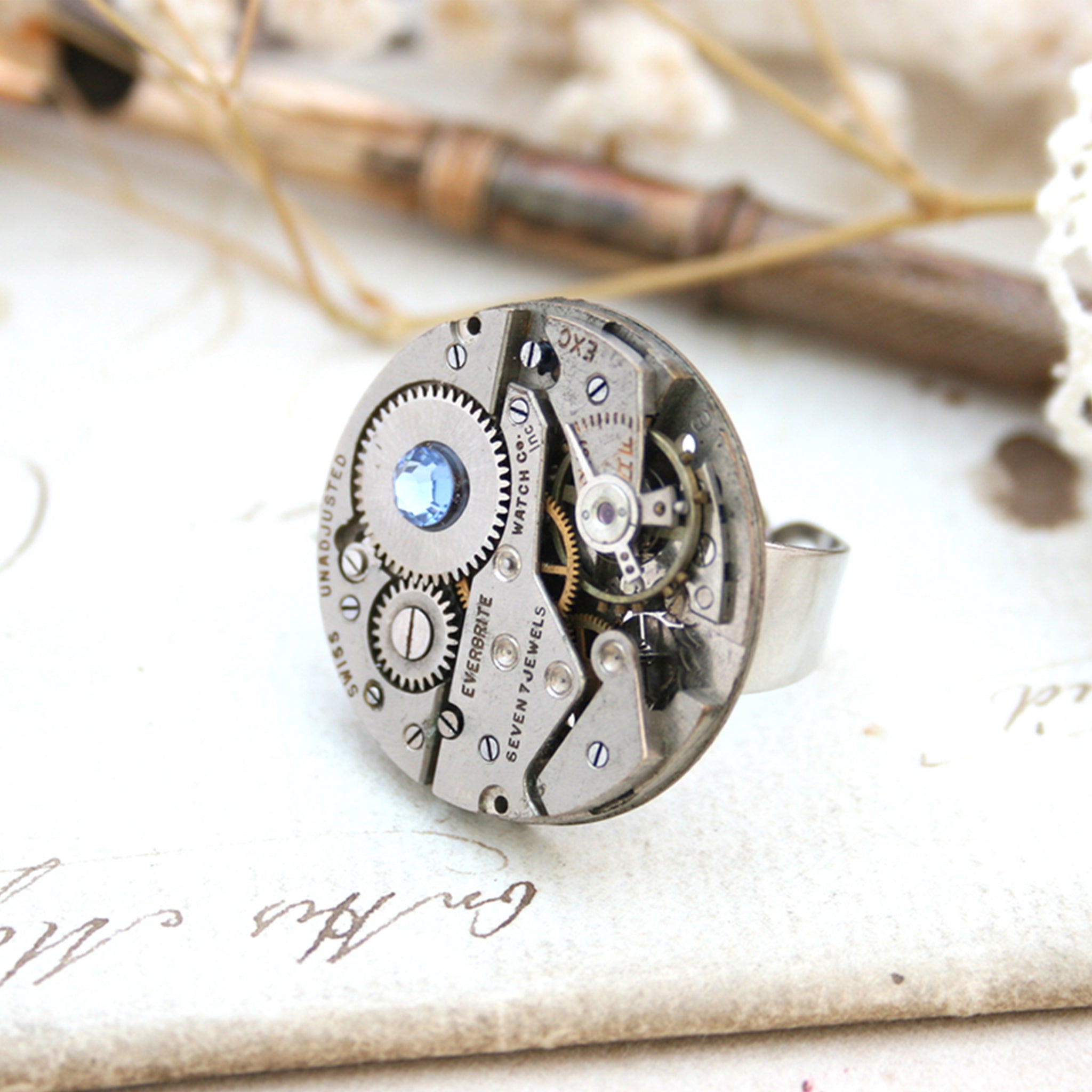 Steampunk Ring with Sapphire Birthstone