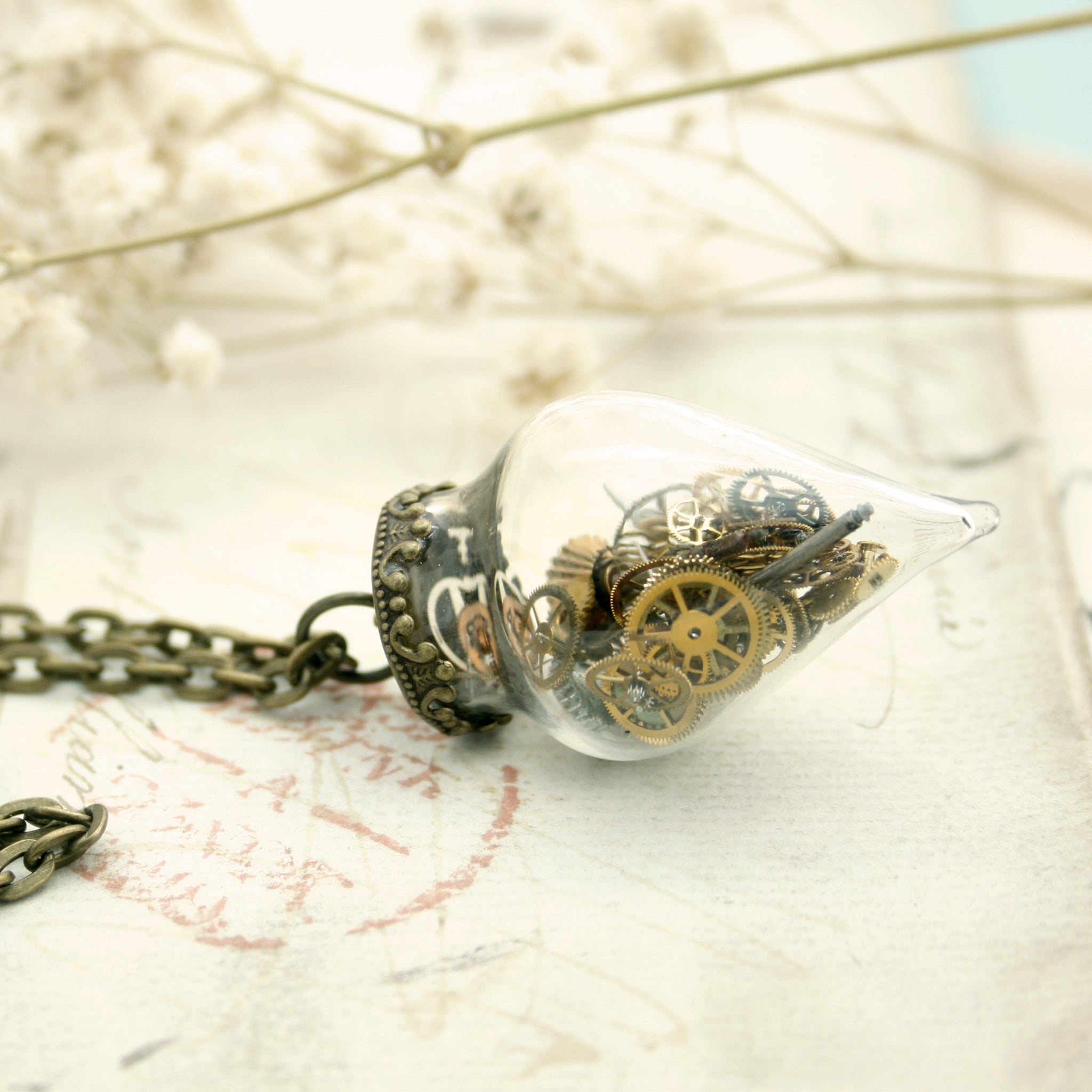 steampunk time capsule, terrarium pendant necklace made of glass in conical shape