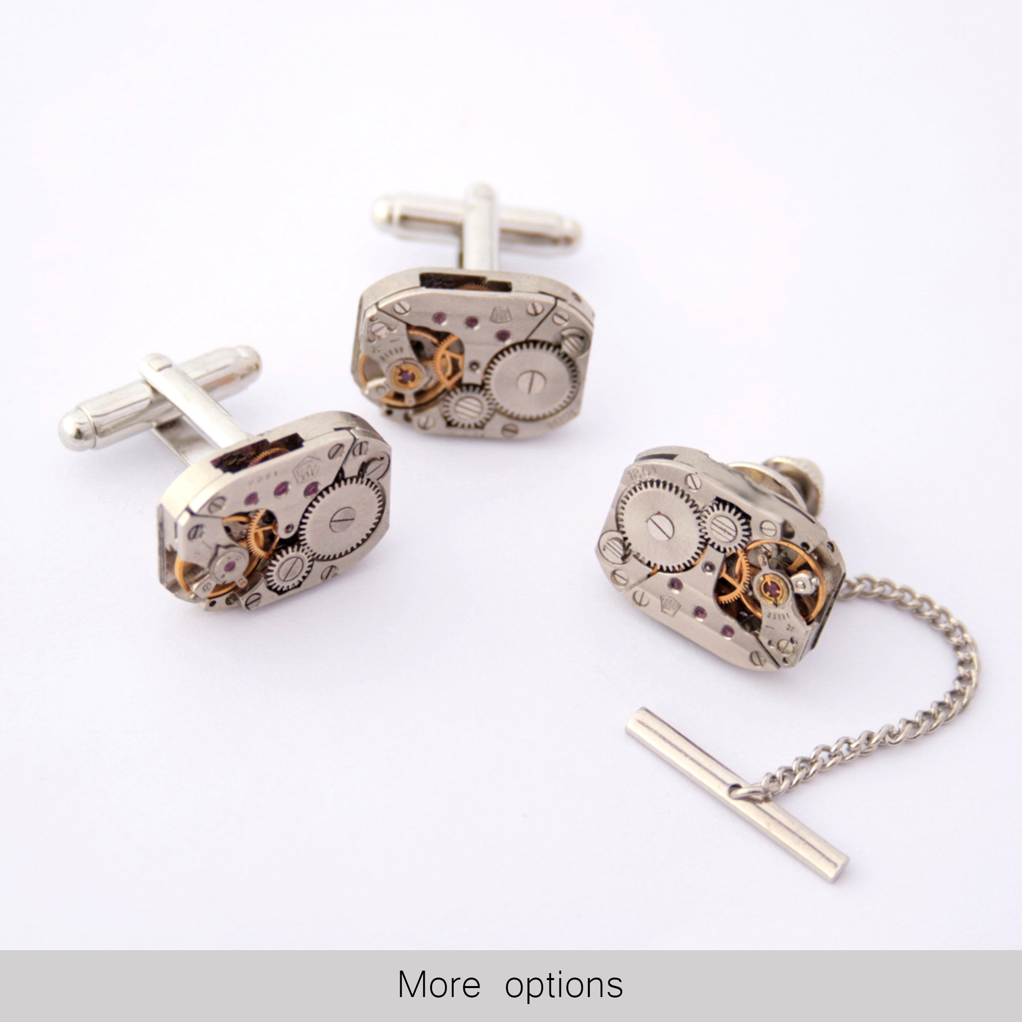 Steampunk Tie Tack and Cufflinks Set made of watch movements