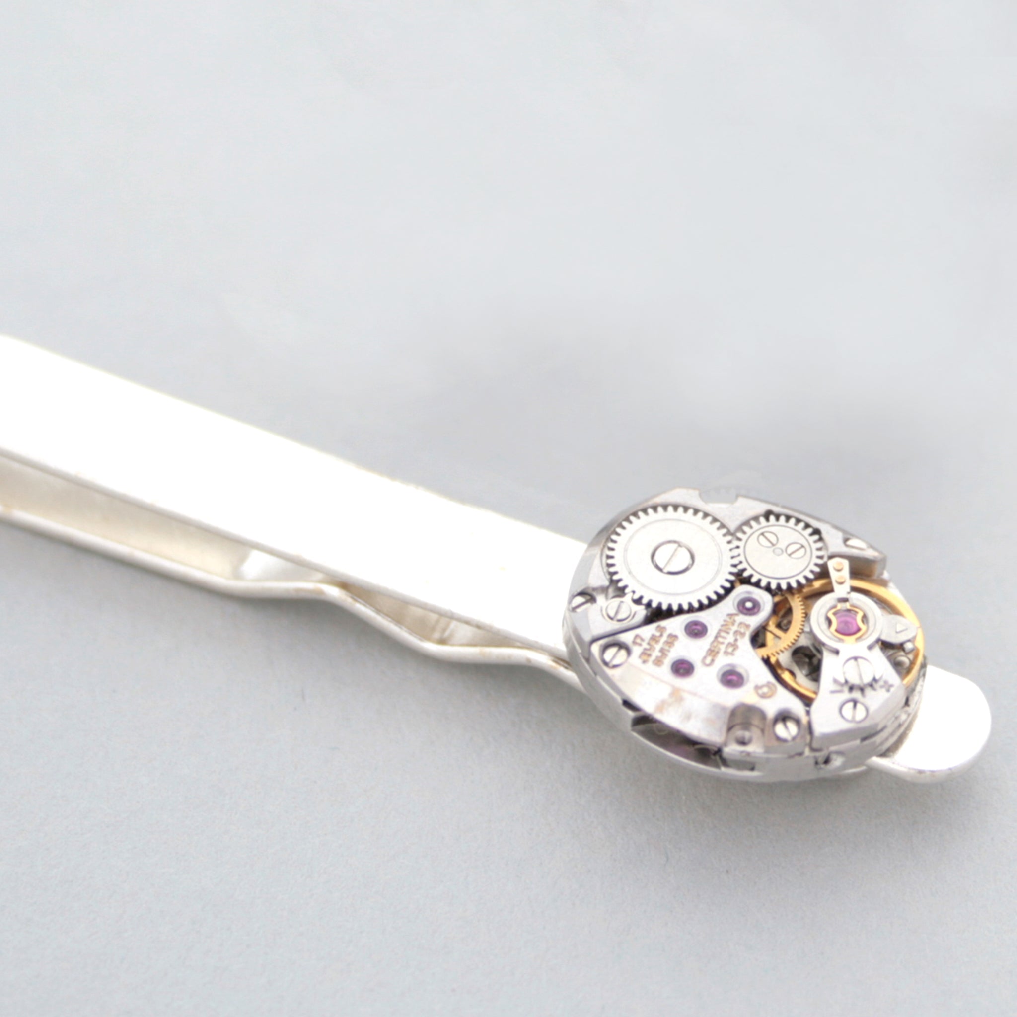 sterling tie clip made of antique Certina watch movement
