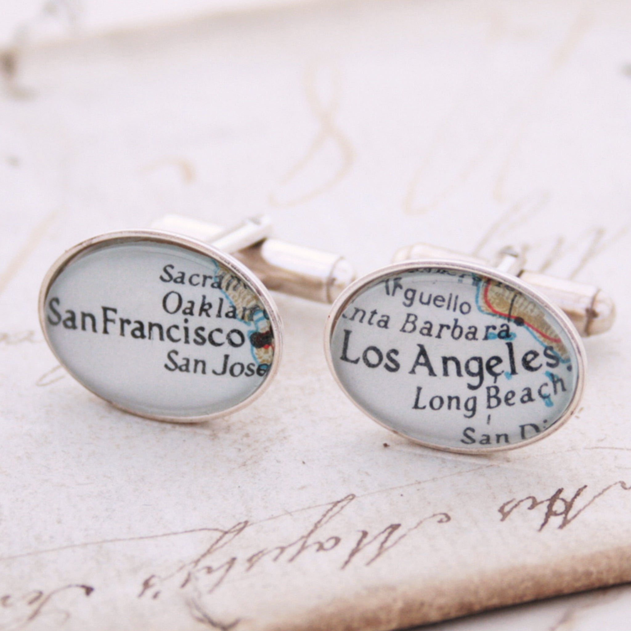 Sterling silver Personalised map cufflinks featuring maps of Los Angeles and San Francisco