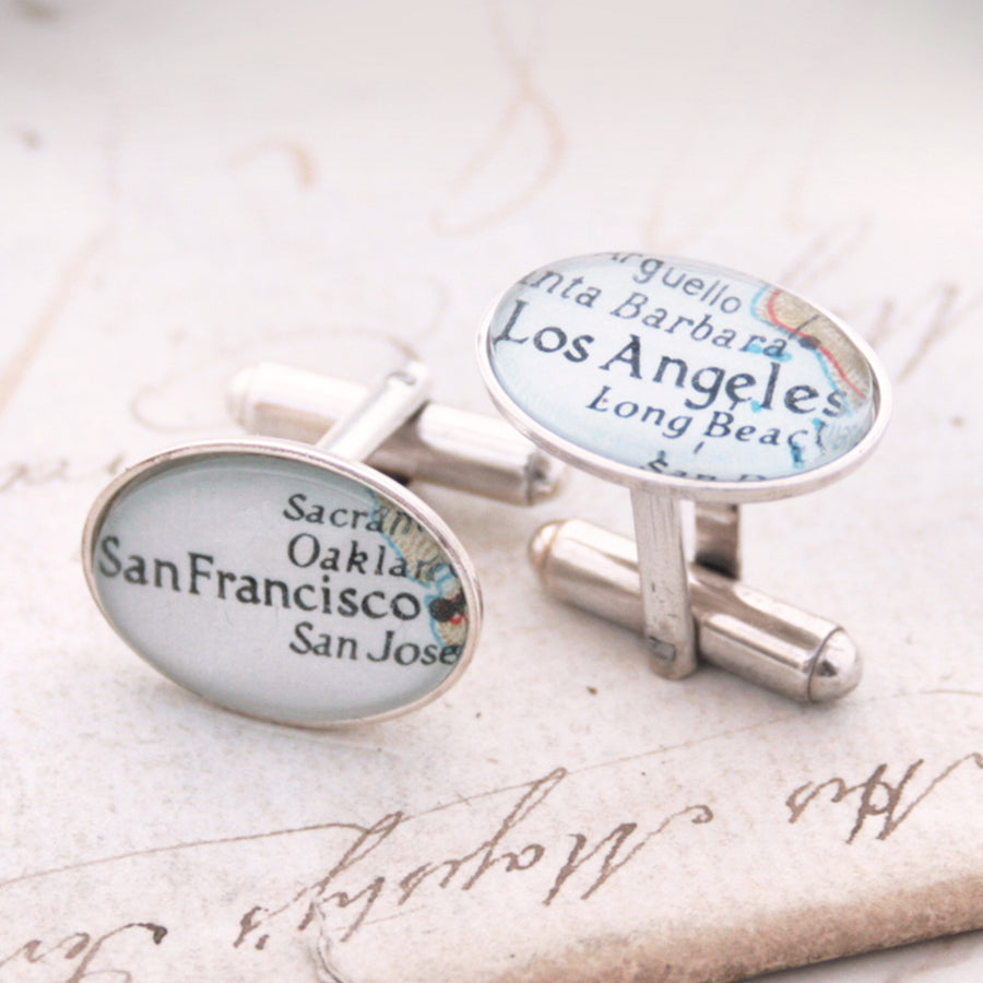 Sterling silver Personalised map cufflinks featuring maps of Los Angeles and San Francisco