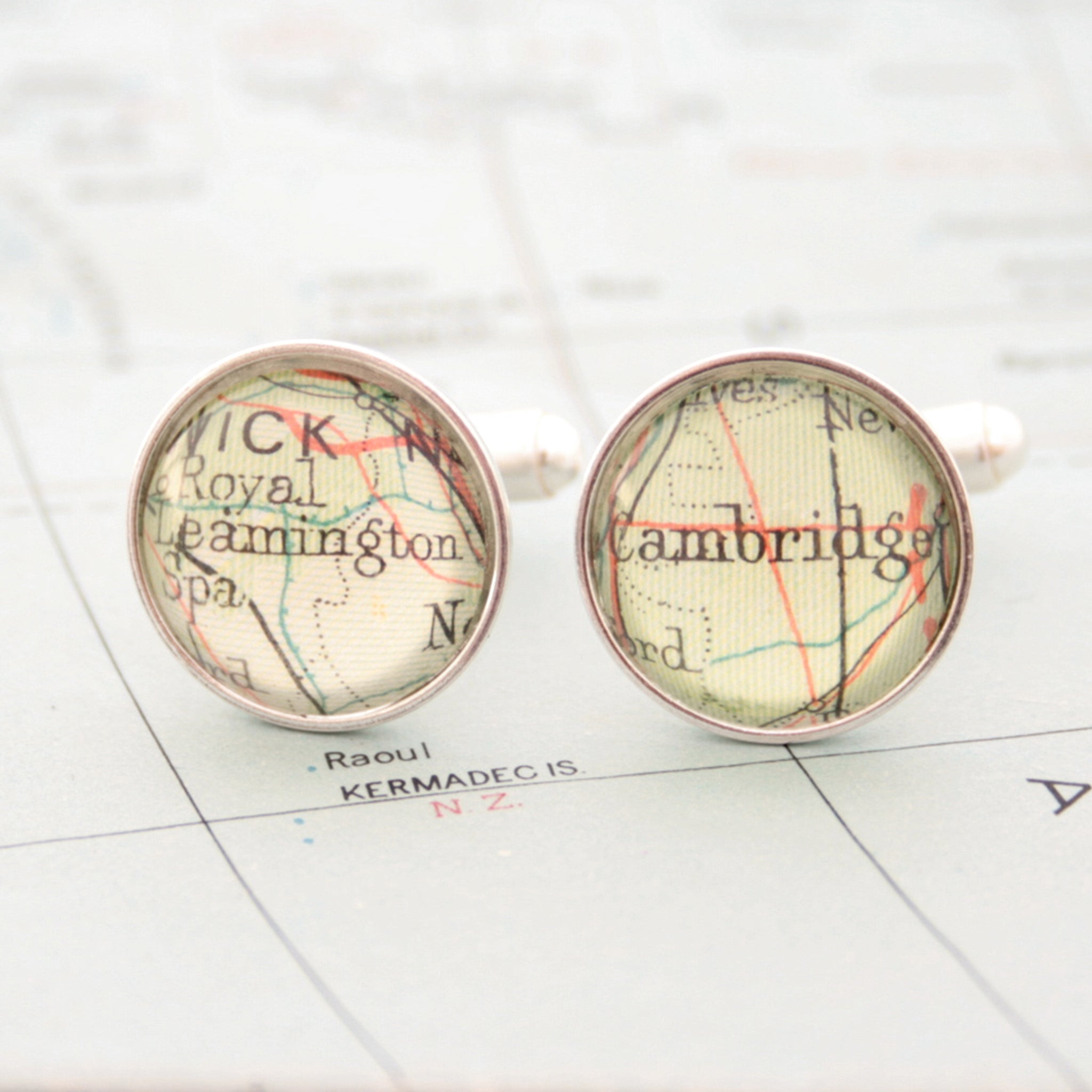 Sterling silver Personalised map cufflinks featuring maps of Cambridge and Leamington Spa