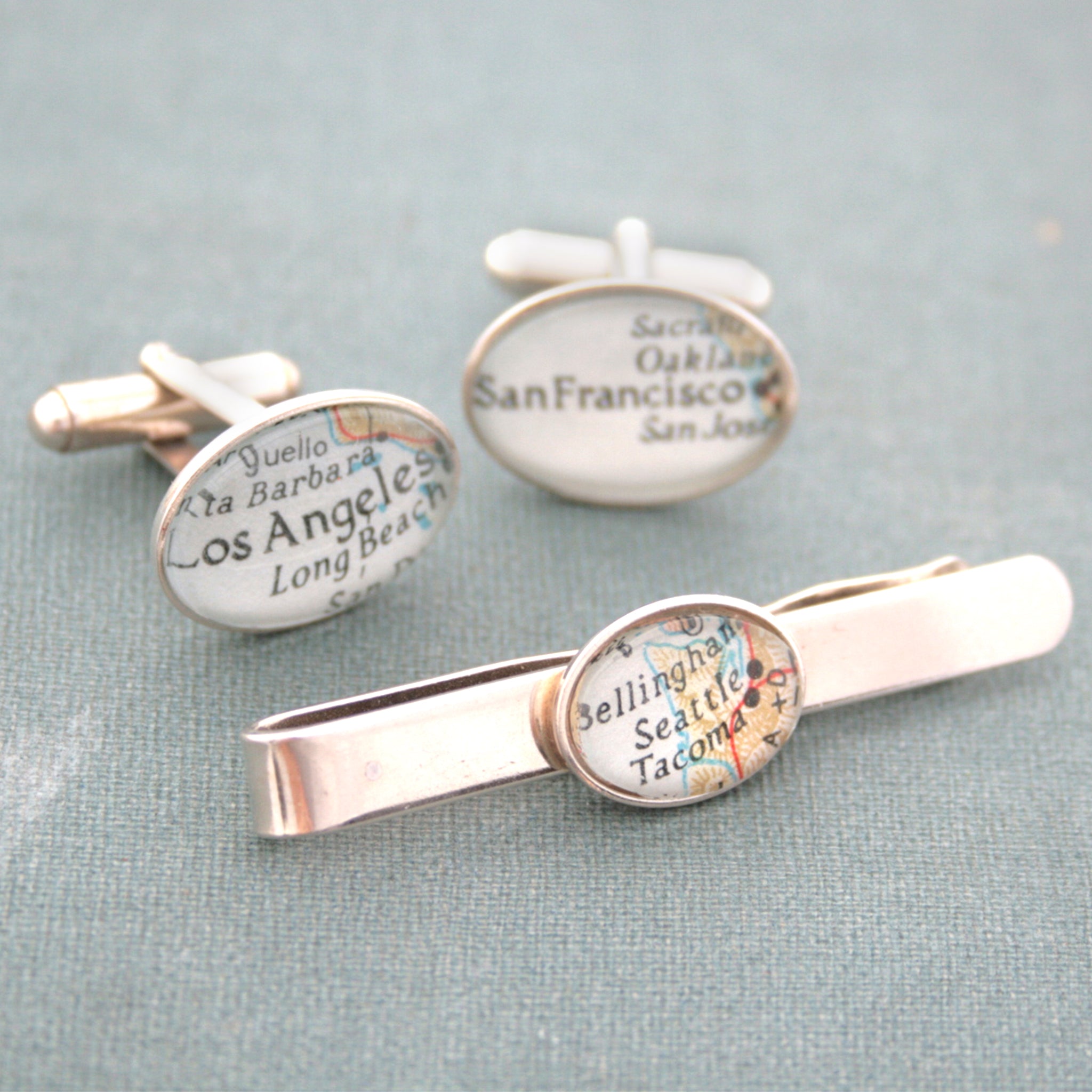 Sterling Silver Tie Clip and Cufflinks set featuring custom map locations
