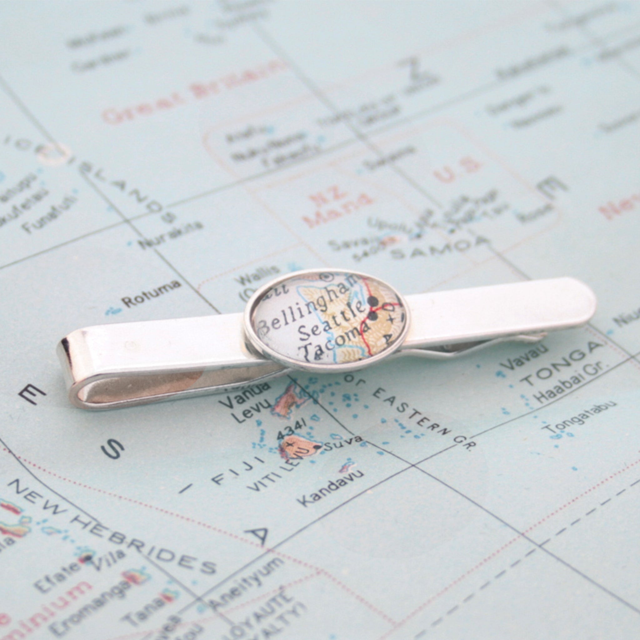  Sterling Silver tie clip that features custom map location