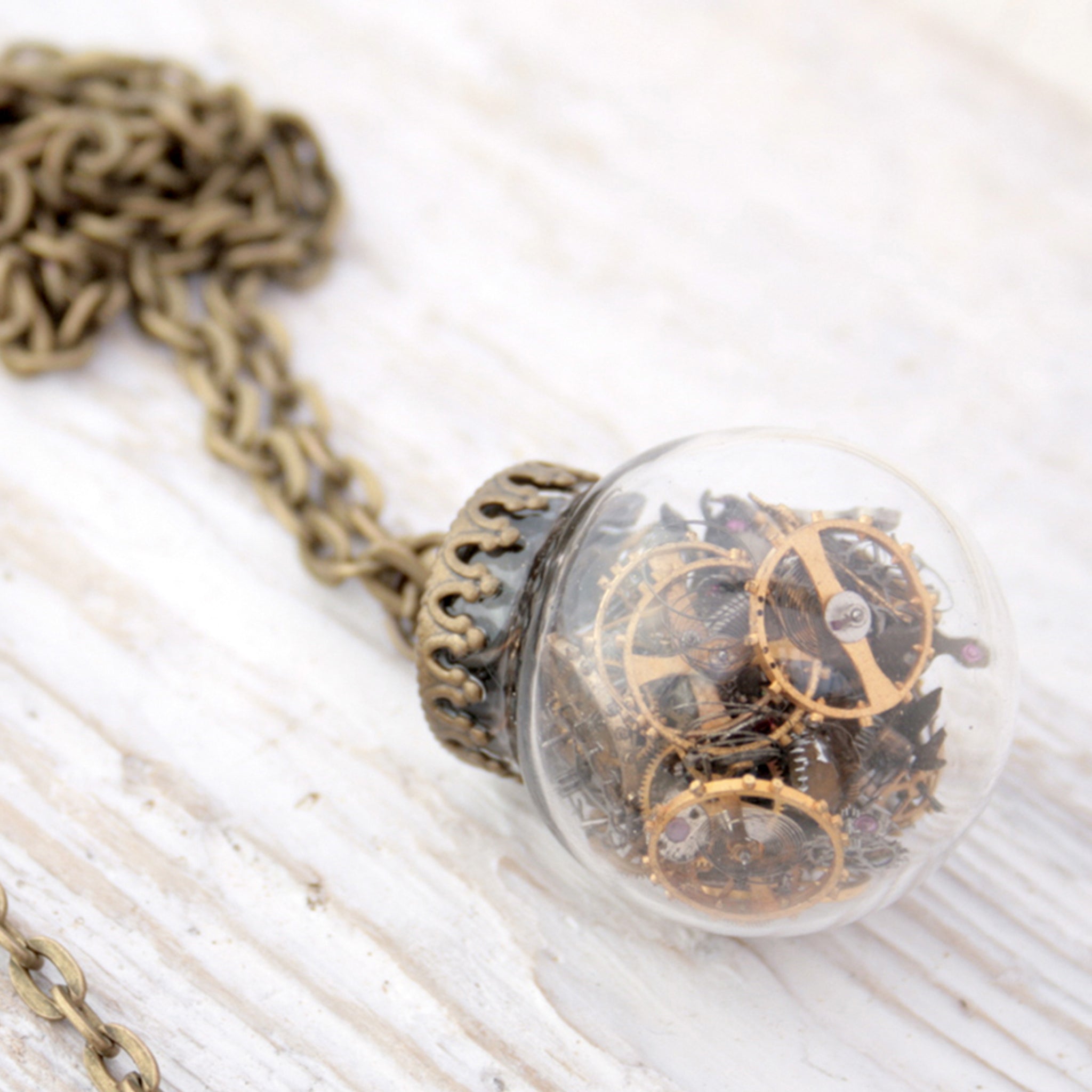 Glass Terrarium Necklace with Steampunk Watch Parts
