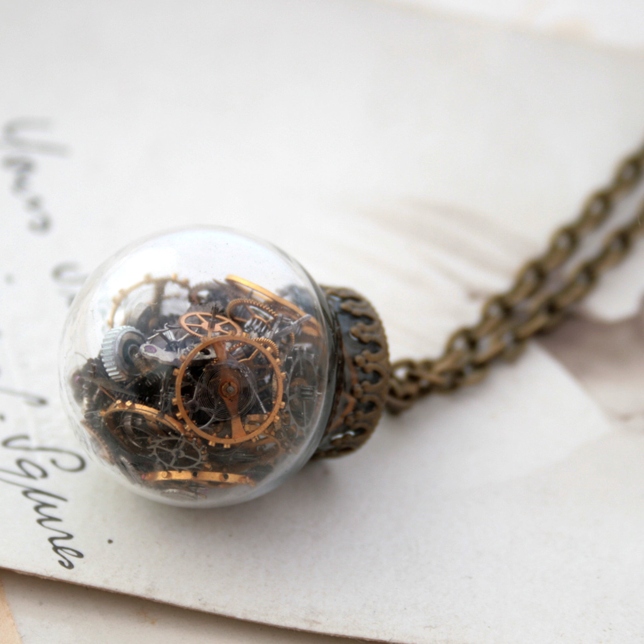 Glass Terrarium Necklace with Steampunk Watch Parts