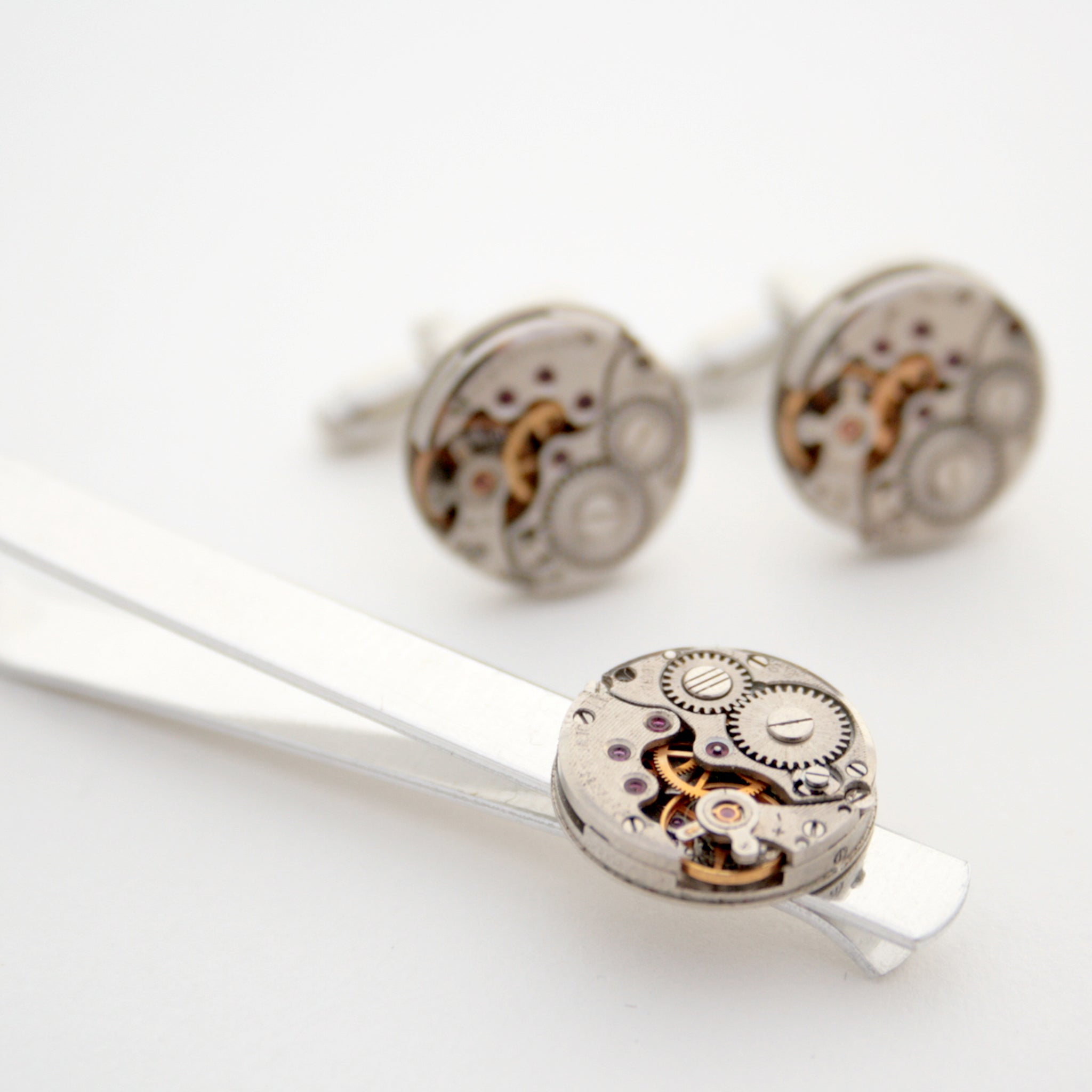 Tie Clip and Cufflinks with Steampunk Watch Movements