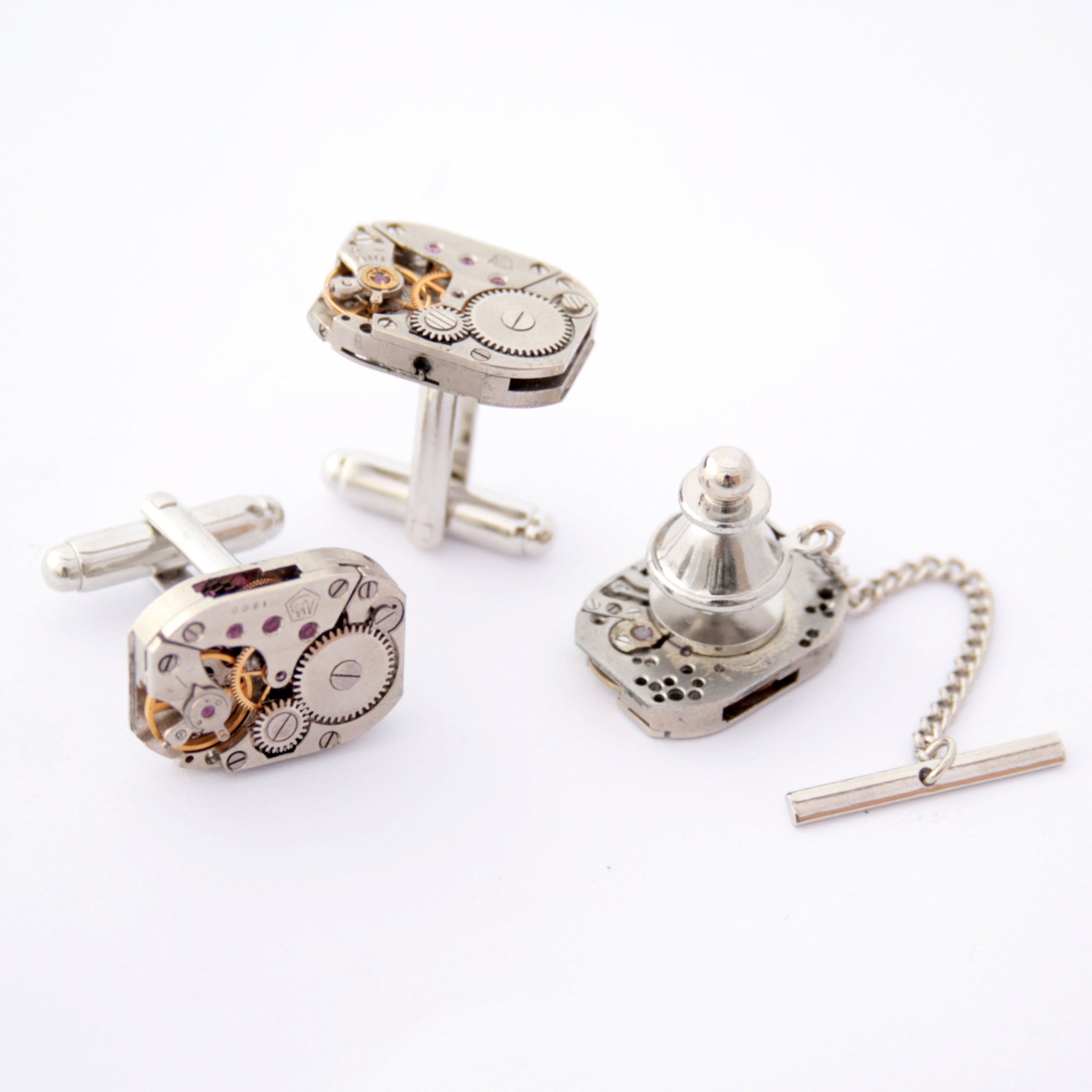 Steampunk Tie Tack and Cufflinks Set made of watch movements