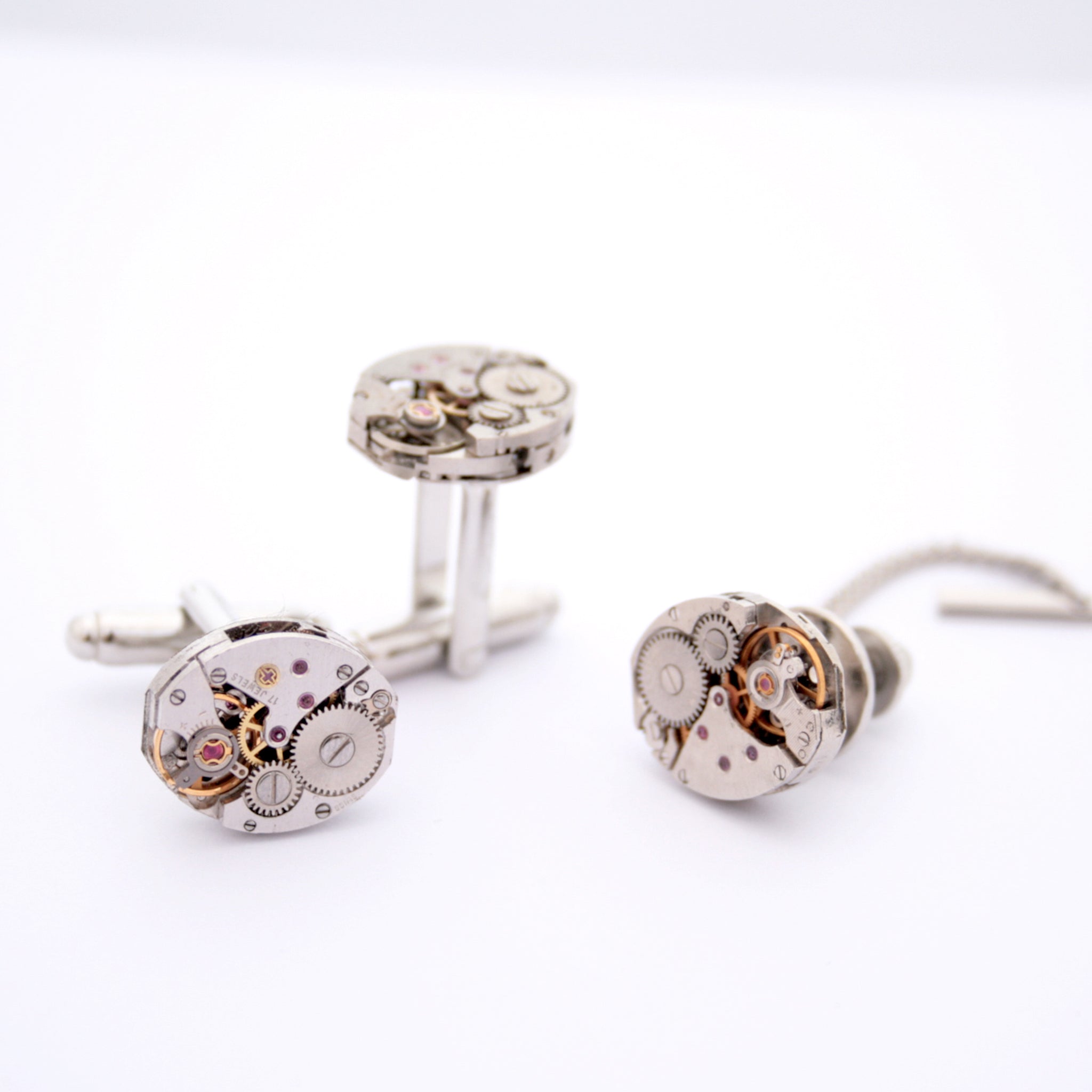 Tie Tack and Cufflinks featuring old clock parts