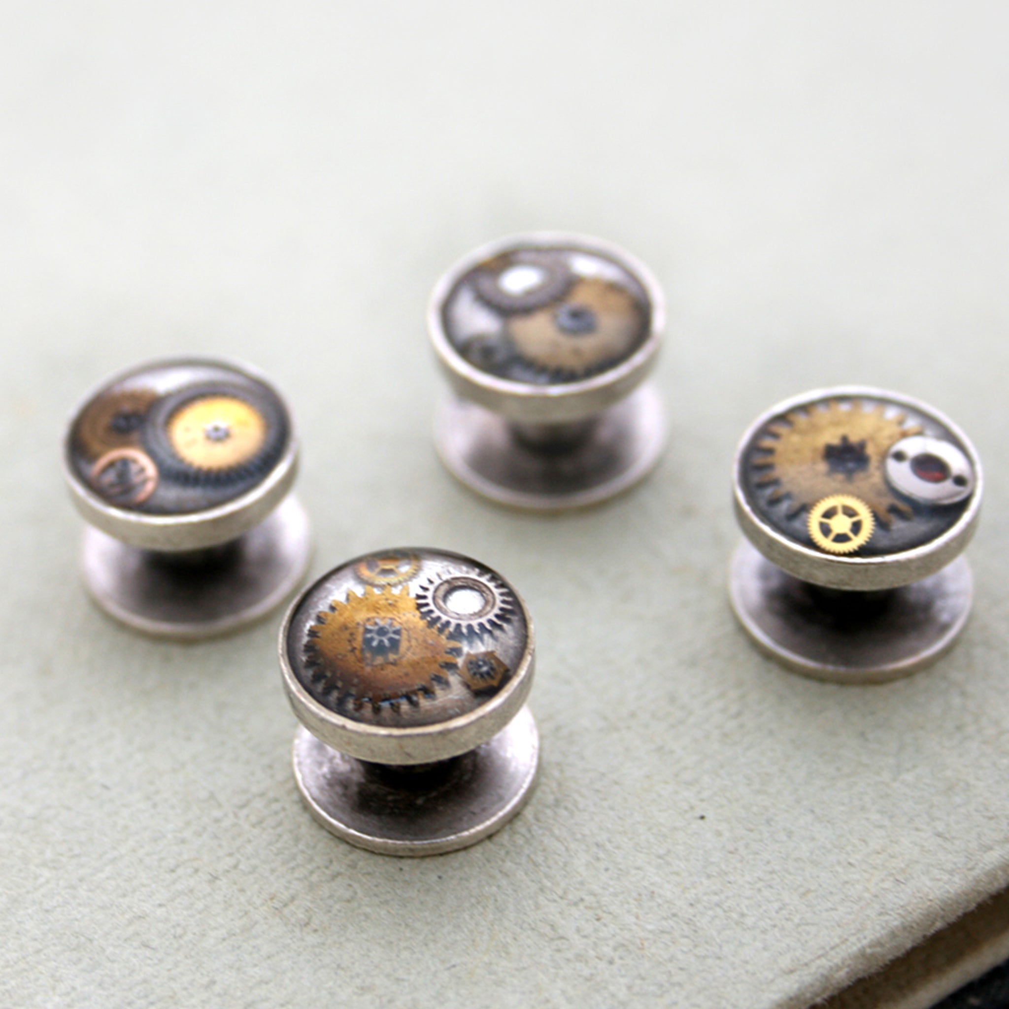 Antique Silver tone tuxedo studs featuring vintage watch parts filled with resin