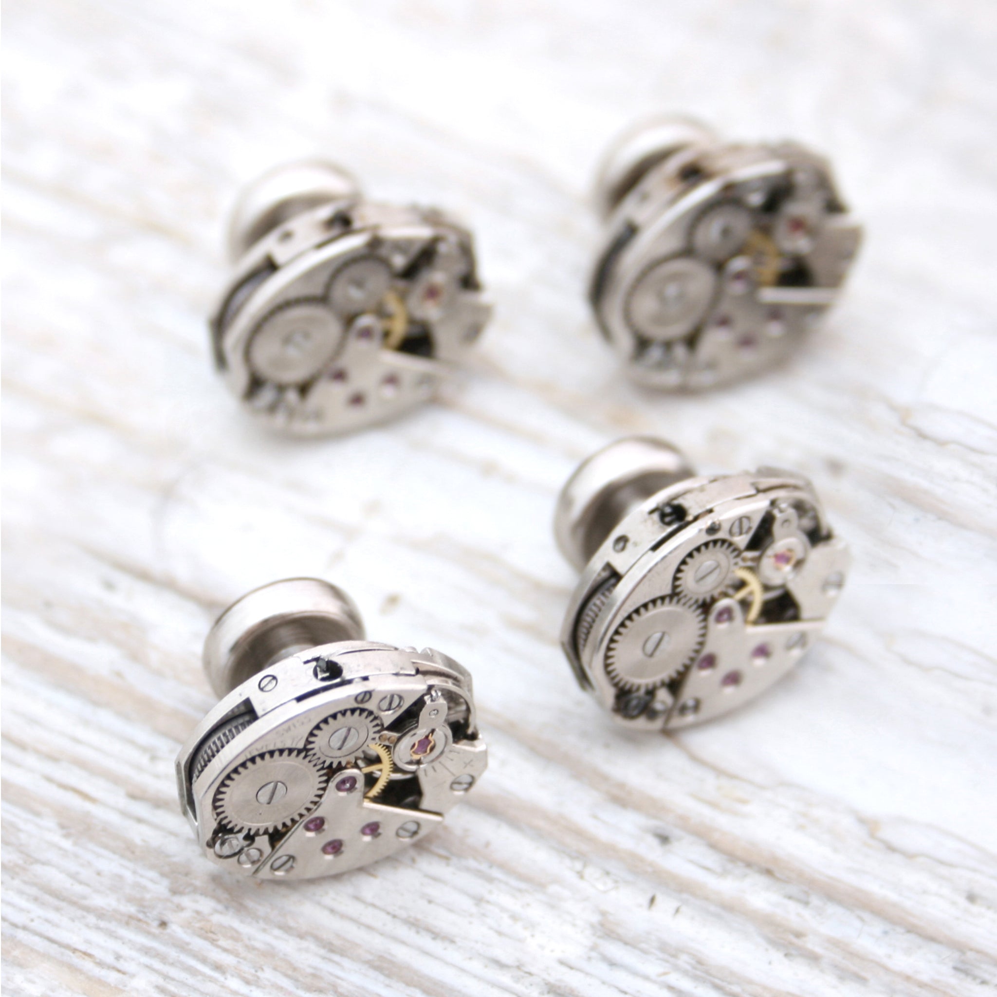 Set of four tuxedo studs made of real watch mechanisms