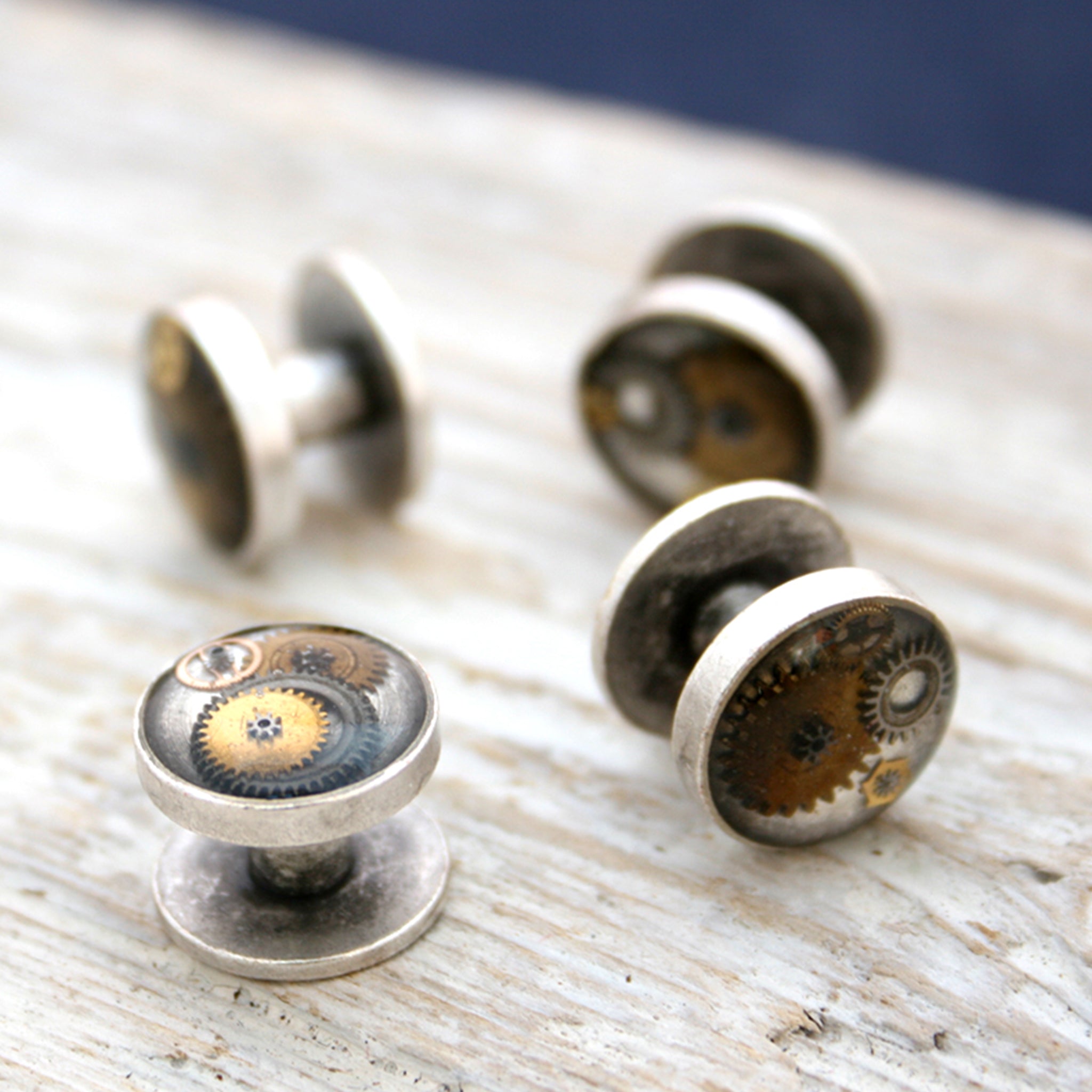 Antique Silver tone tuxedo studs featuring vintage watch parts filled with resin
