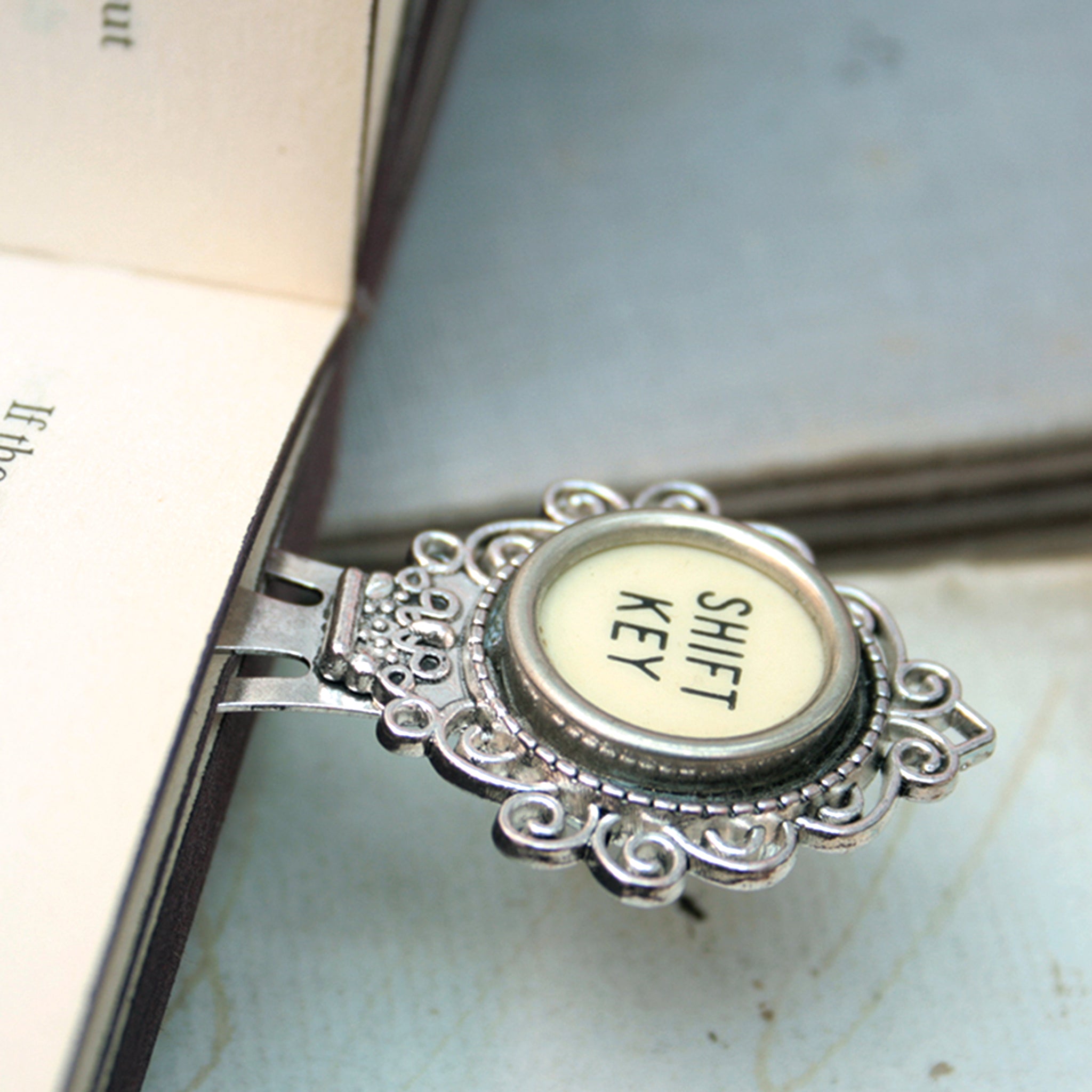 Shift Key metal bookmark for books - made of authentic vintage typewriter key in ivory color