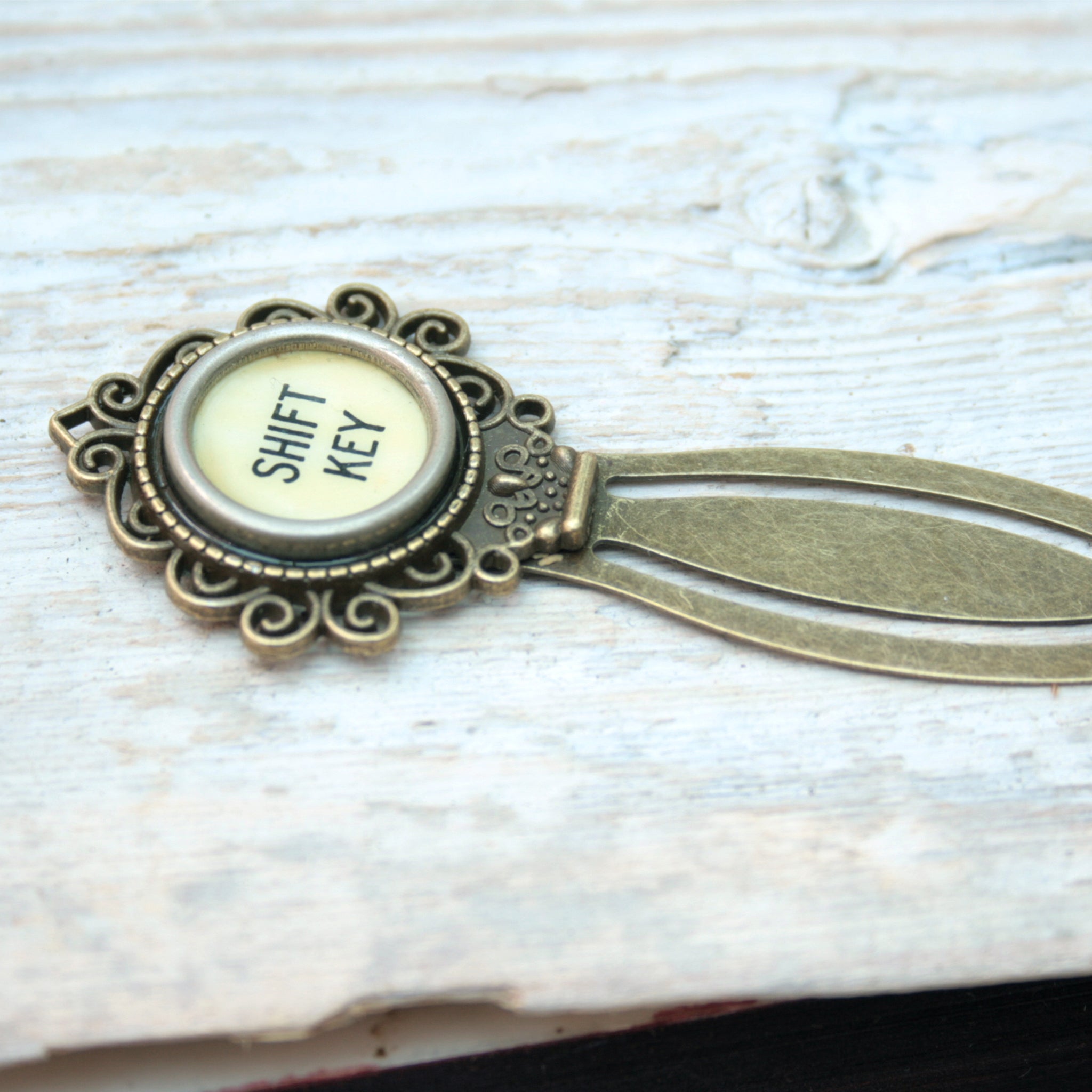 Shift Key metal bookmark for books - made of authentic vintage typewriter key in ivory color