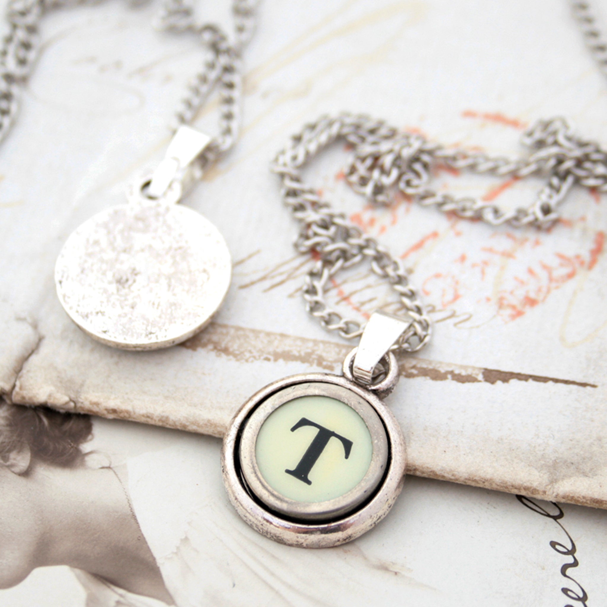 Ivory T letter necklace made of typewriter key