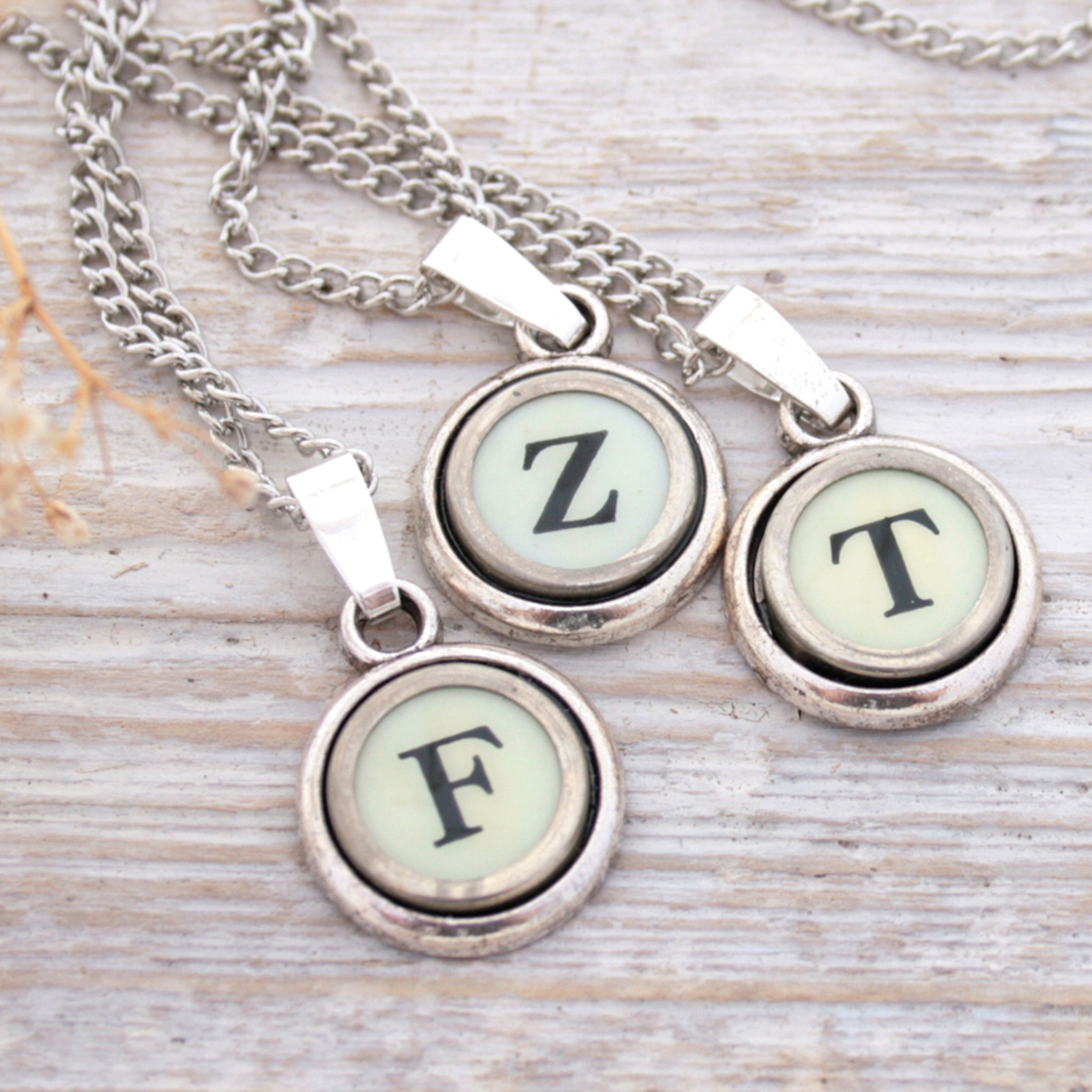 Ivory initial necklaces made of F, Z and T typewriter keys